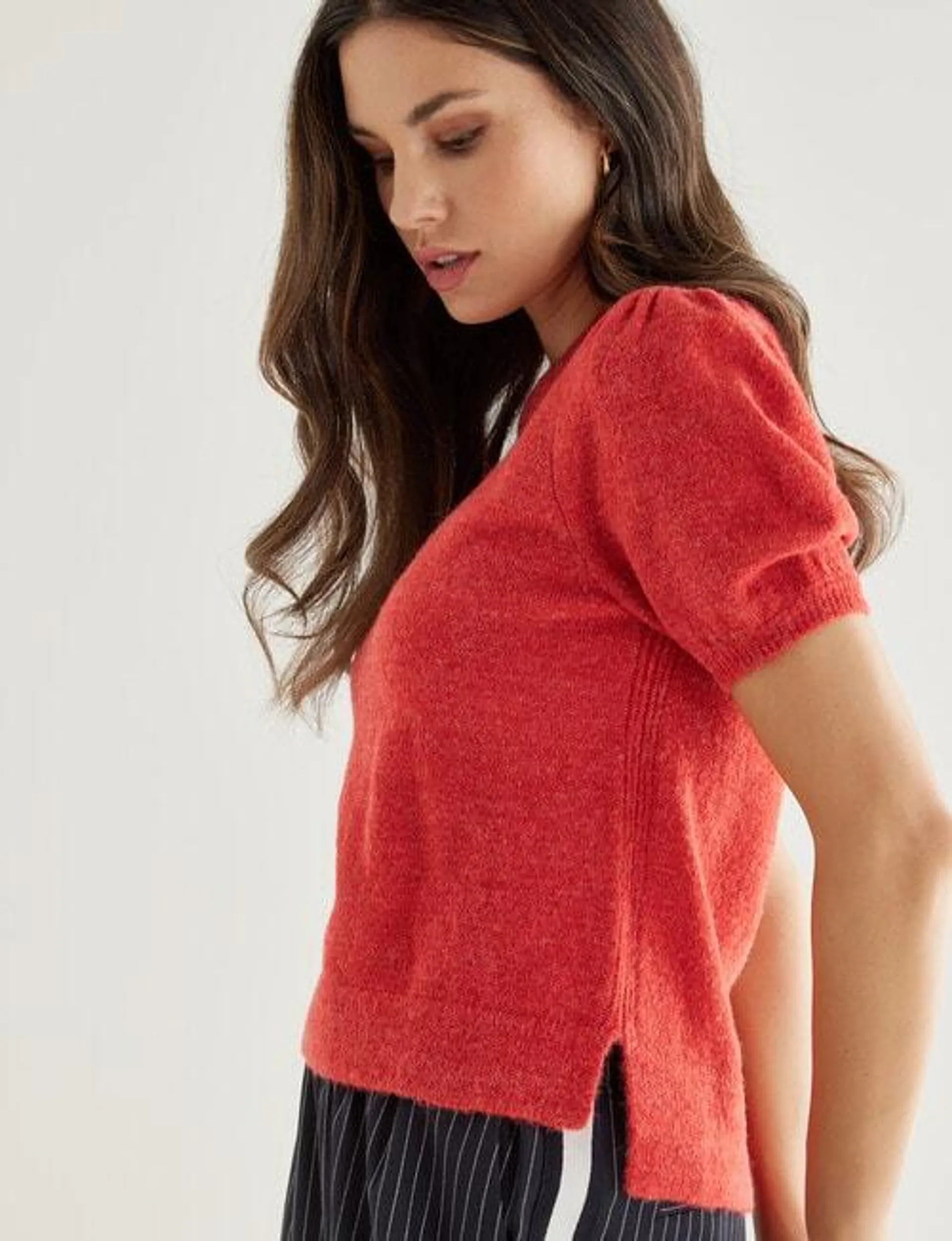 Whistle Knitted Puff Sleeve Tee, Watermelon