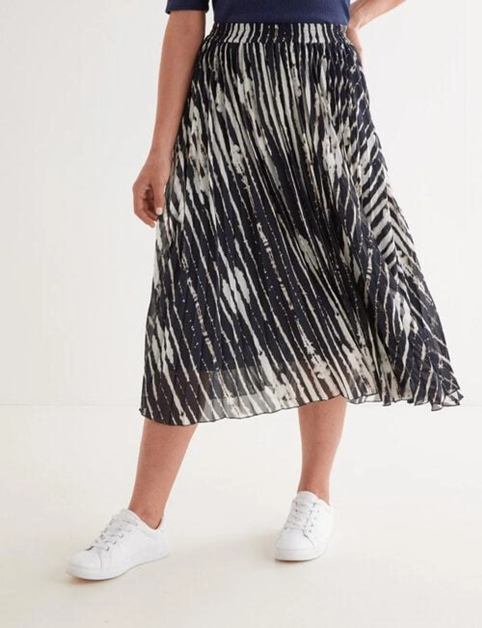 Jigsaw Malta Stripe Pleat Skirt, Navy