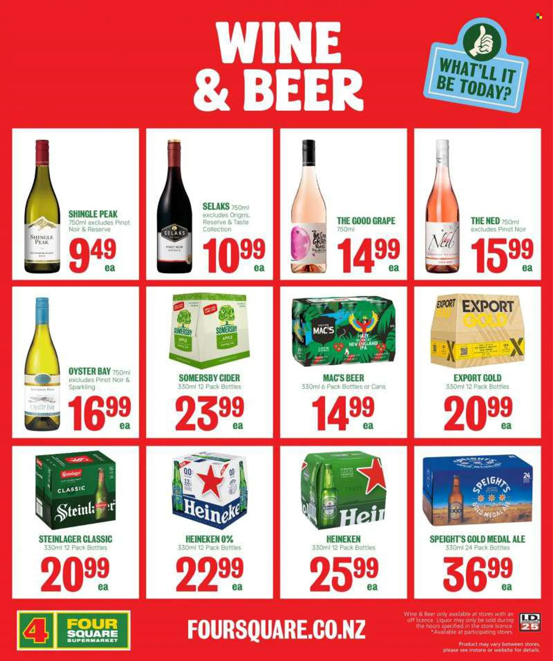 Four Square mailer - 25.07.2022 - 07.08.2022 - Sales products - oysters, red wine, wine, Pinot Noir, cider, beer, Heineken, Steinlager, Mac’s. Page 7.