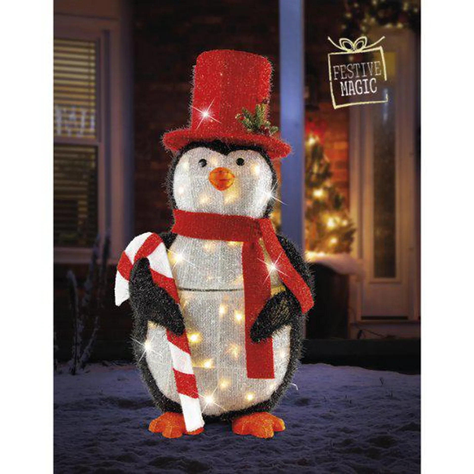 Festive Magic LED Tinsel Penguin W/Top Hat