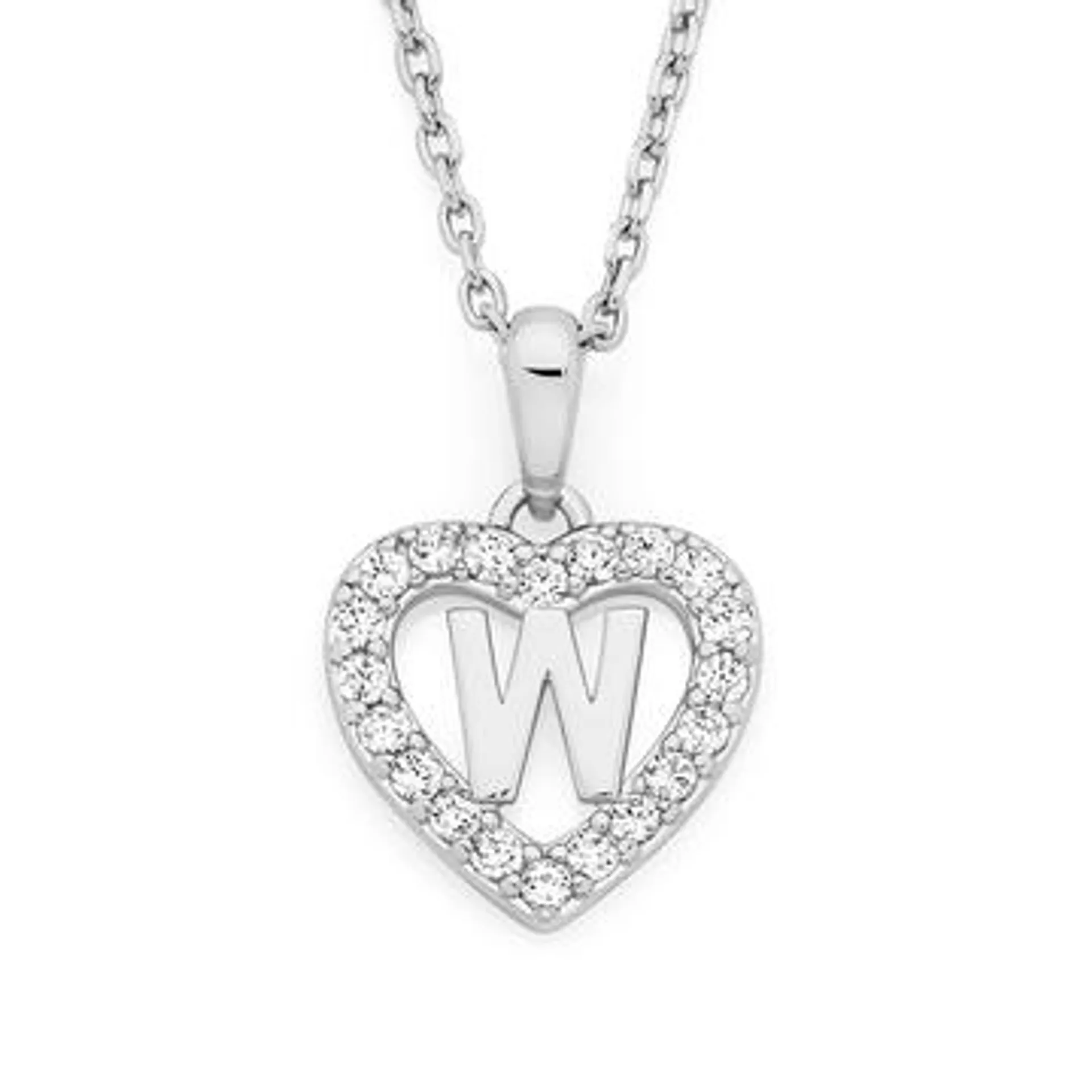 Silver Initial W in CZ Heart Pendant