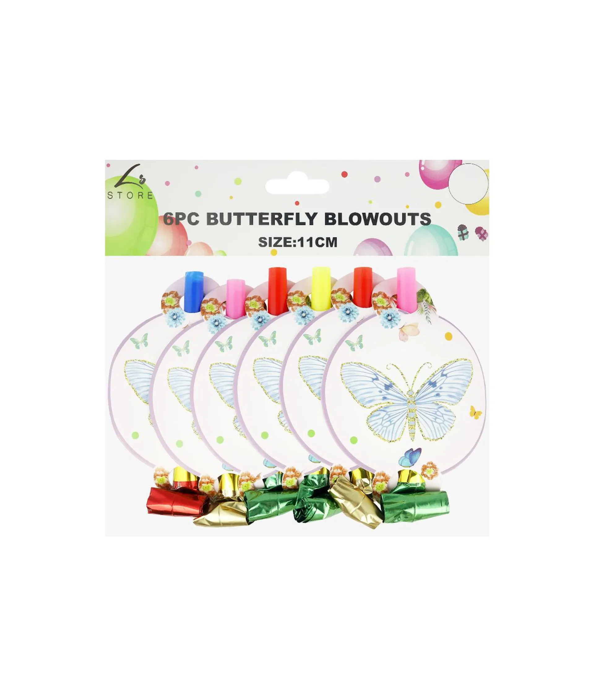 Butterfly Party Blowouts With Face Card 11cm 6pk