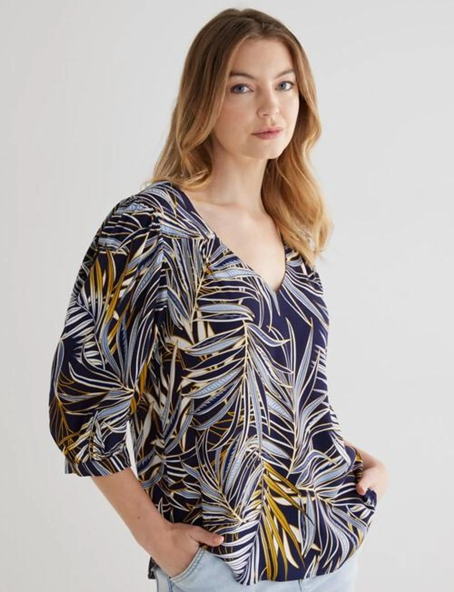 Whistle Leaf Print V-Neck Top, Blue