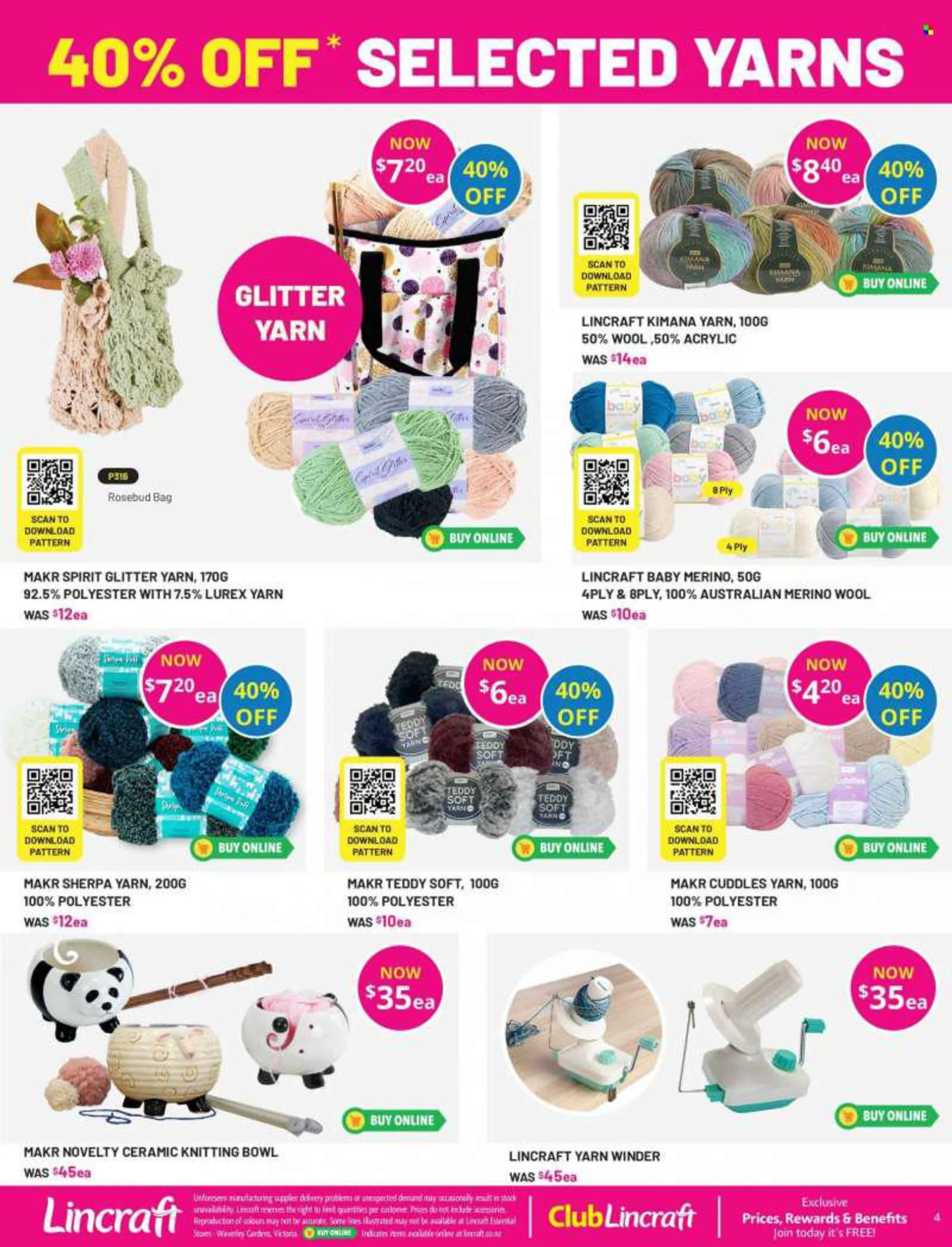Lincraft mailer - 11.08.2022 - 21.08.2022 - Sales products - bag, glitter, knitting wool, teddy. Page 4.