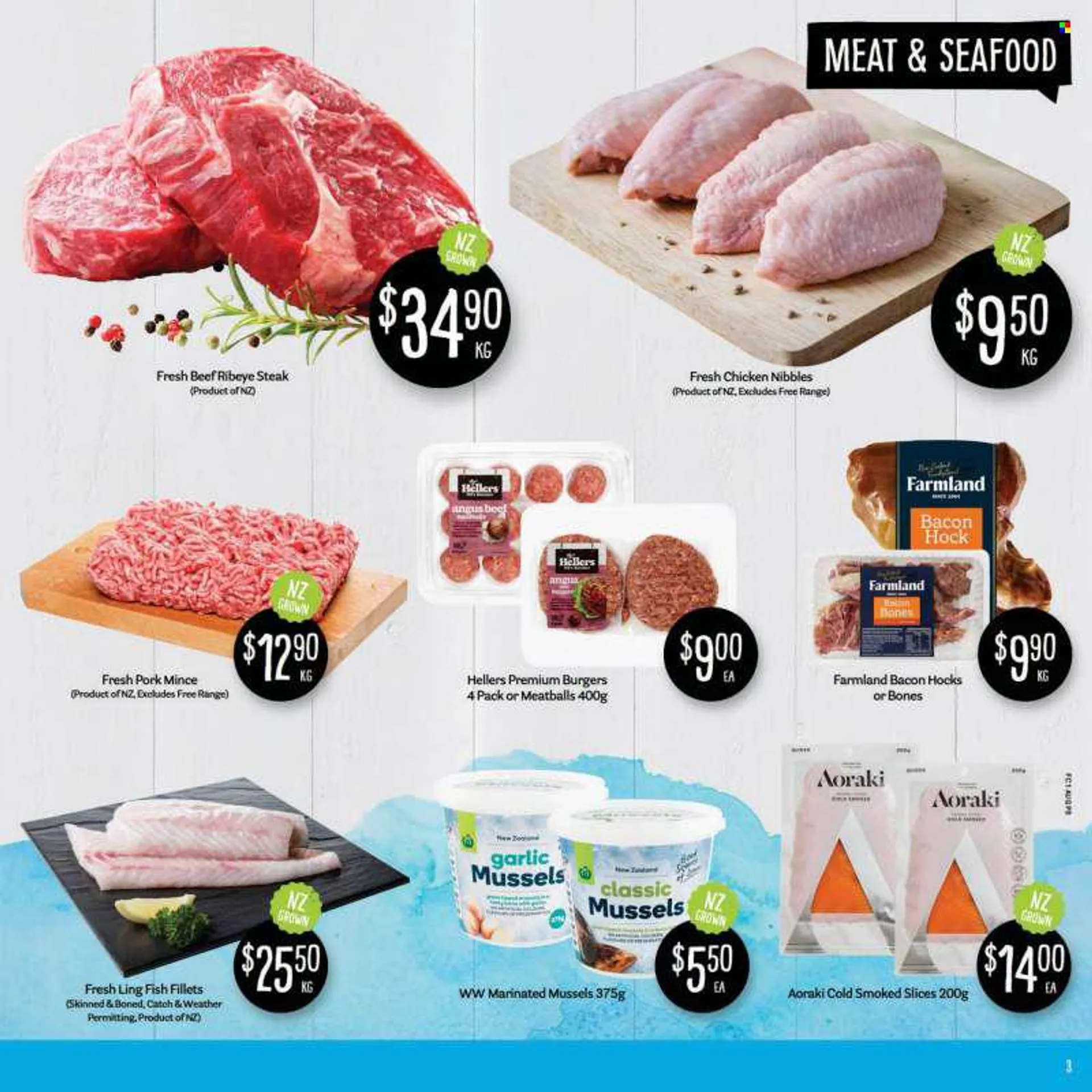 Fresh Choice mailer - 01.08.2022 - 07.08.2022 - Sales products - fish fillets, mussel, seafood, fish, meatballs, hamburger, bacon, beef meat, beef steak, steak, rib eye, ribeye steak, ground pork, pork meat. Page 3.