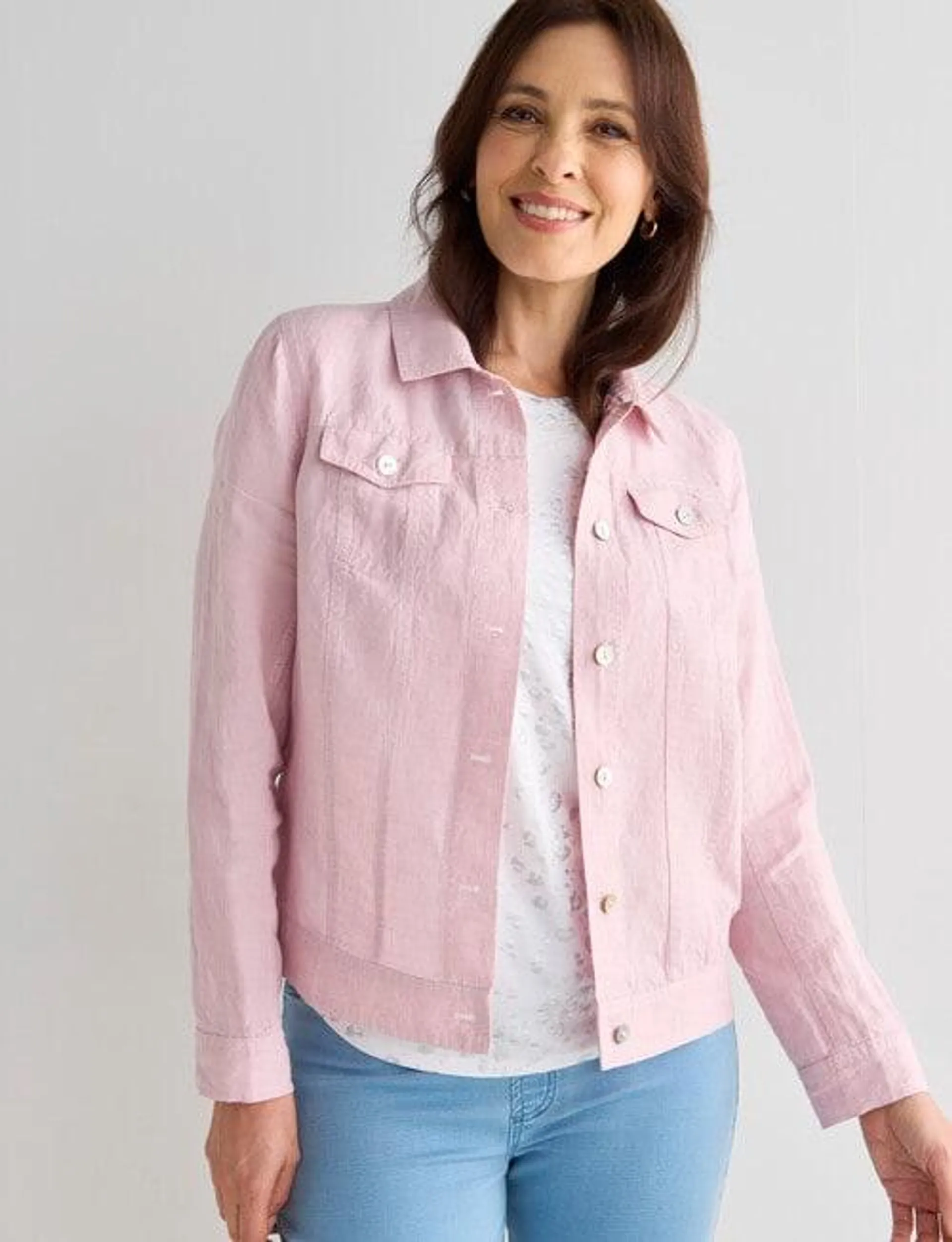 Ella J Linen Short Jacket, Pale Pink