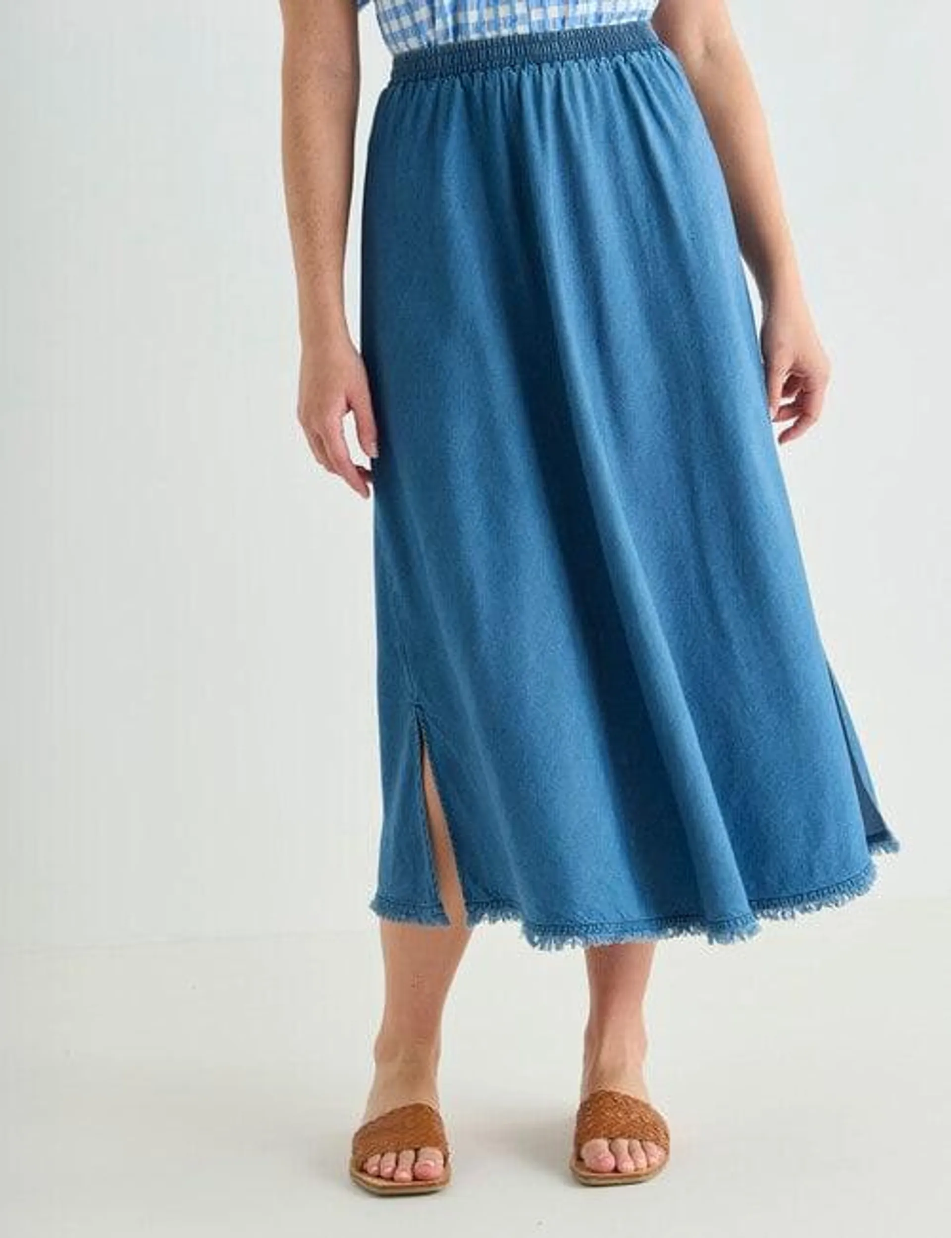 Zest Lyocell Bias Cut Skirt, Mid Wash Blue