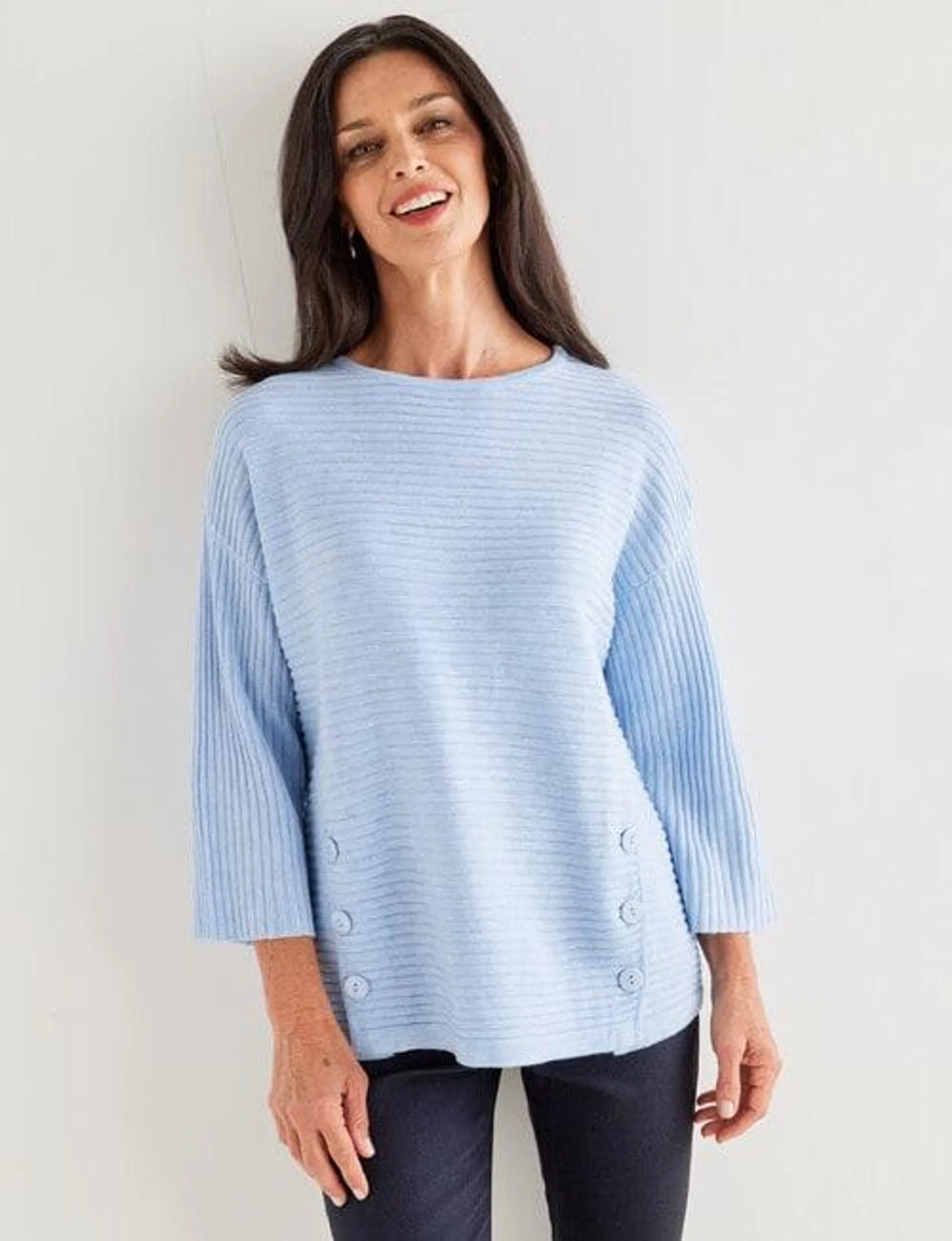 Ella J Ribbed Button Jumper, Pale Blue