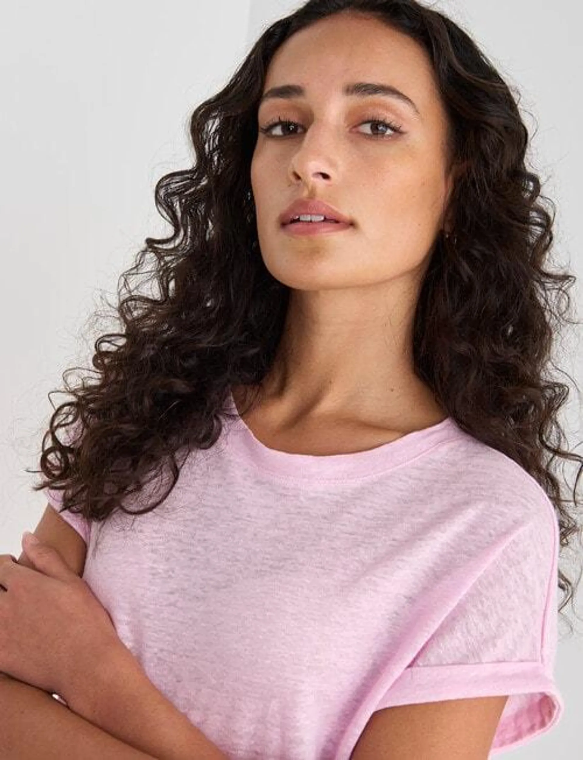 Zest Essential Linen Cap Sleeve Slub Knit Tee, Carnation Pink