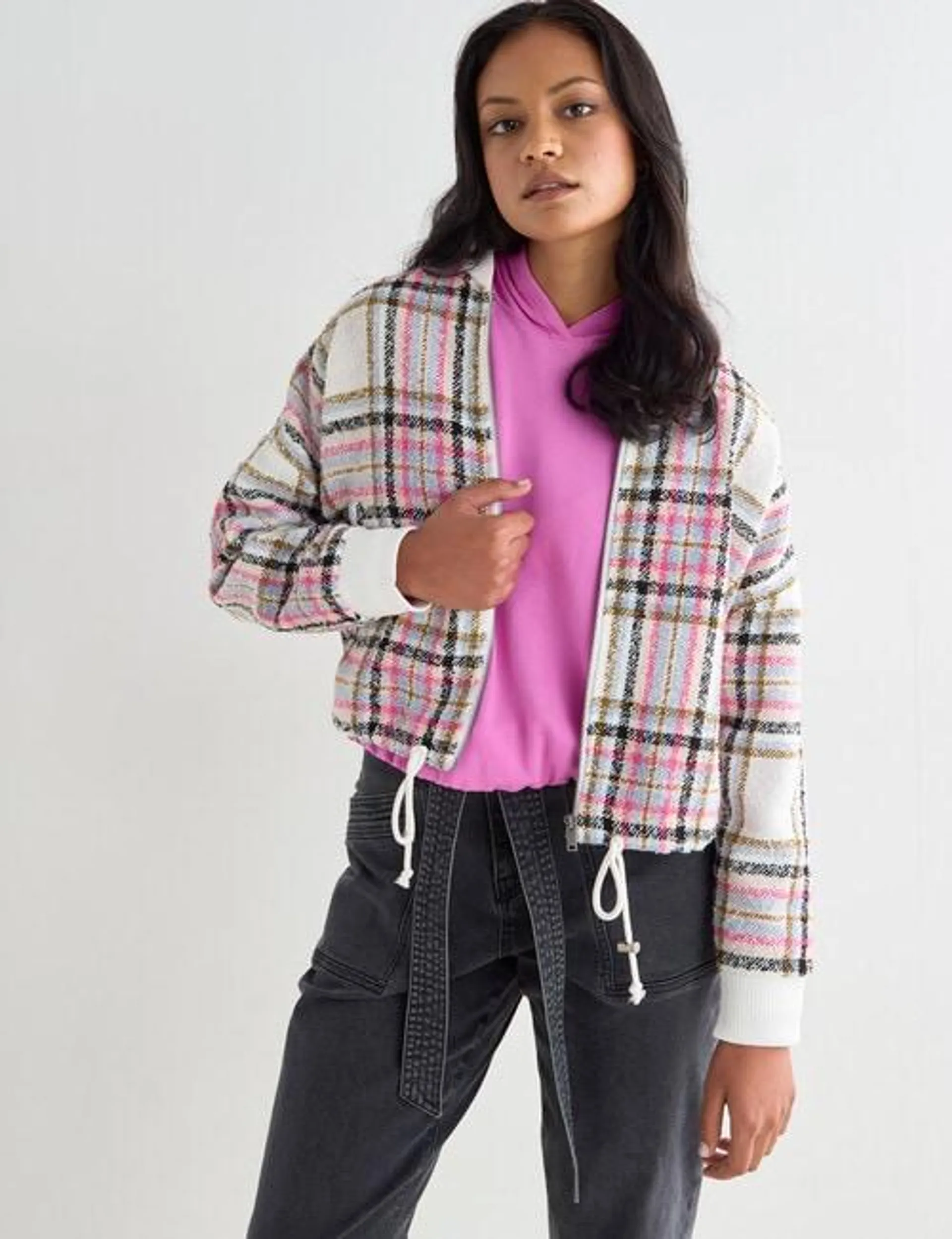 Zest Check Bomber Jacket, Ivory & Pink