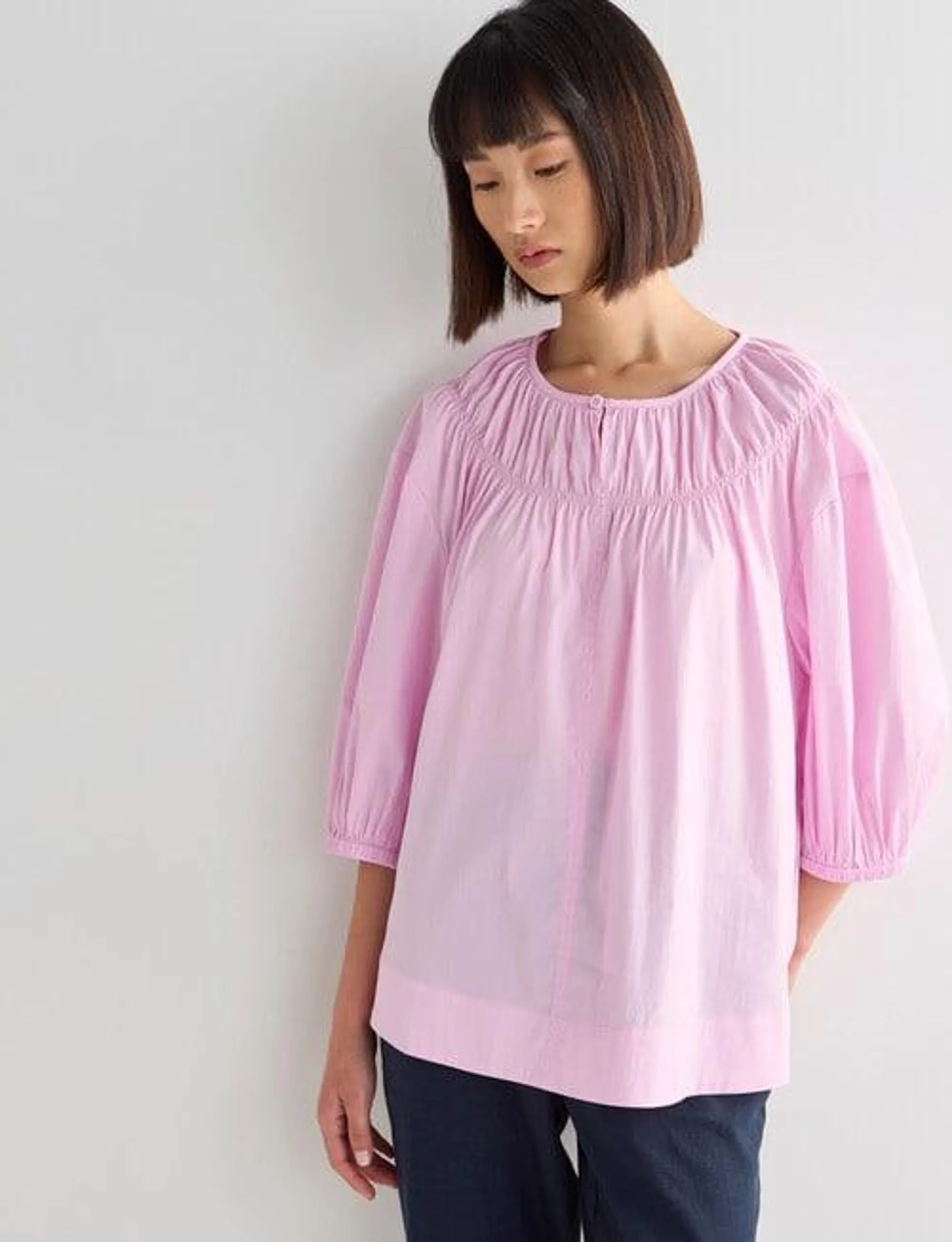 Jigsaw Gina Shirred Round Neck 3/4 Sleeve Top, Pink