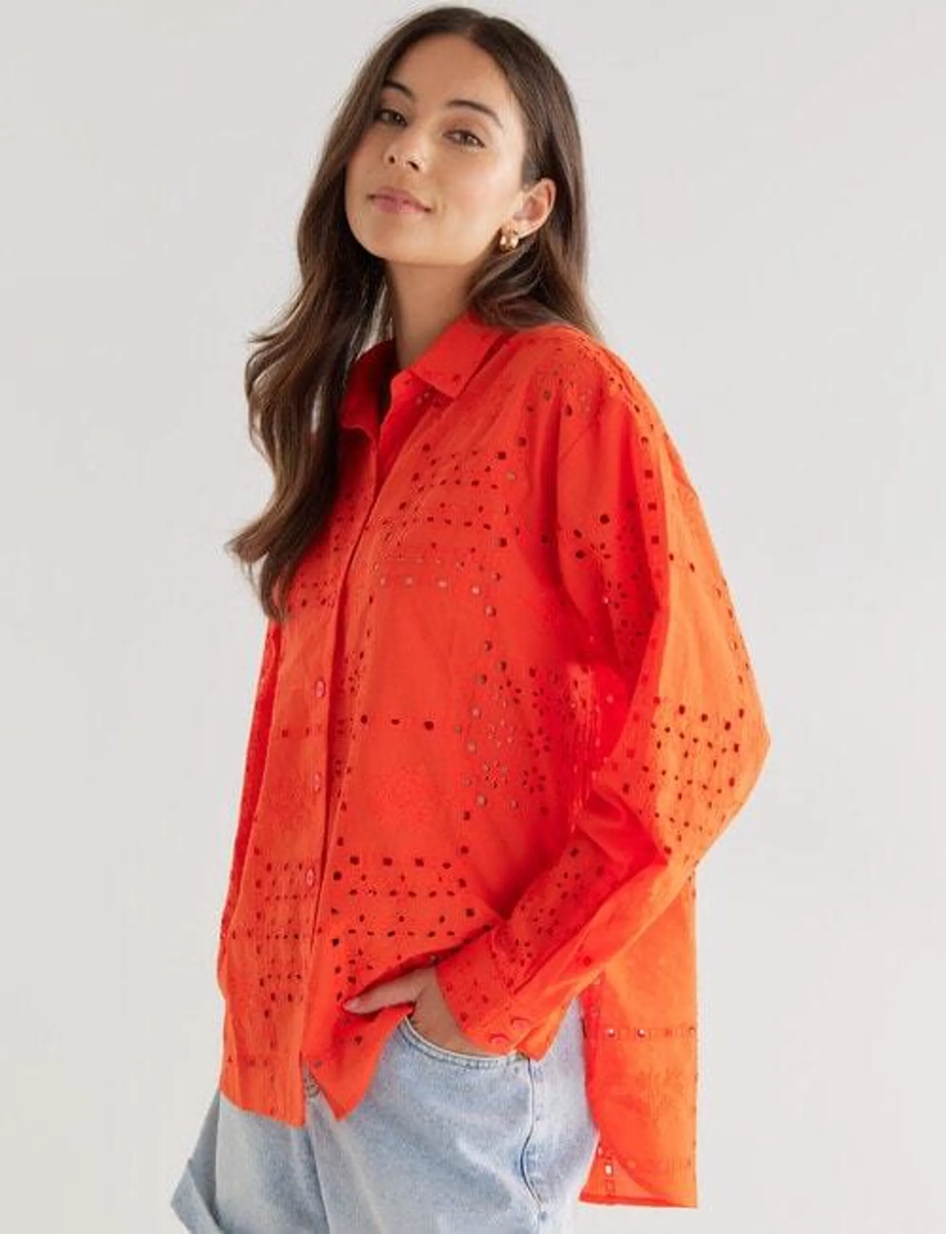 Whistle Long Sleeve Openwork Blouse, Orange