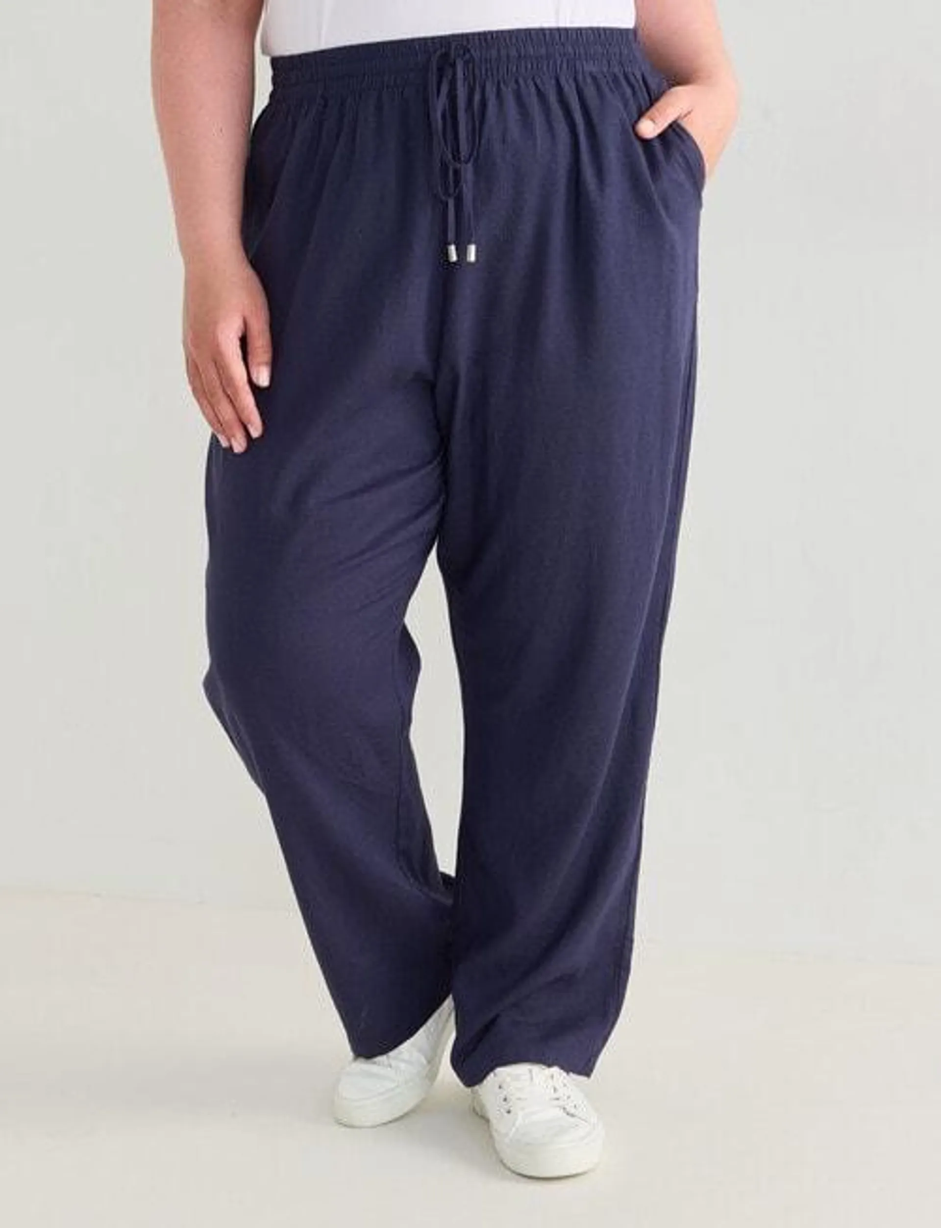 Studio Curve Linen Blend Straight Pant, Blue Ink