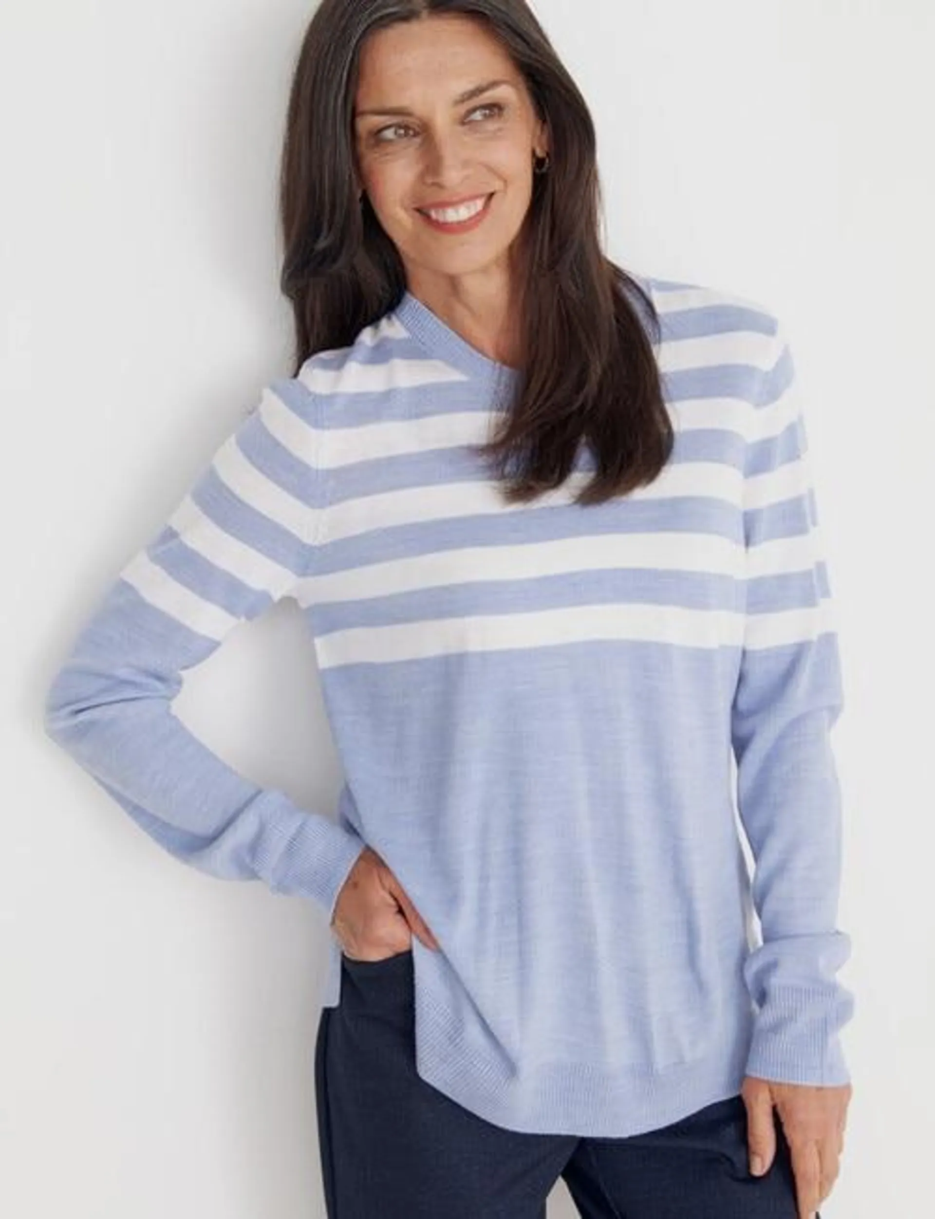 Ella J Stripe Crewneck Jumper, Pale Blue