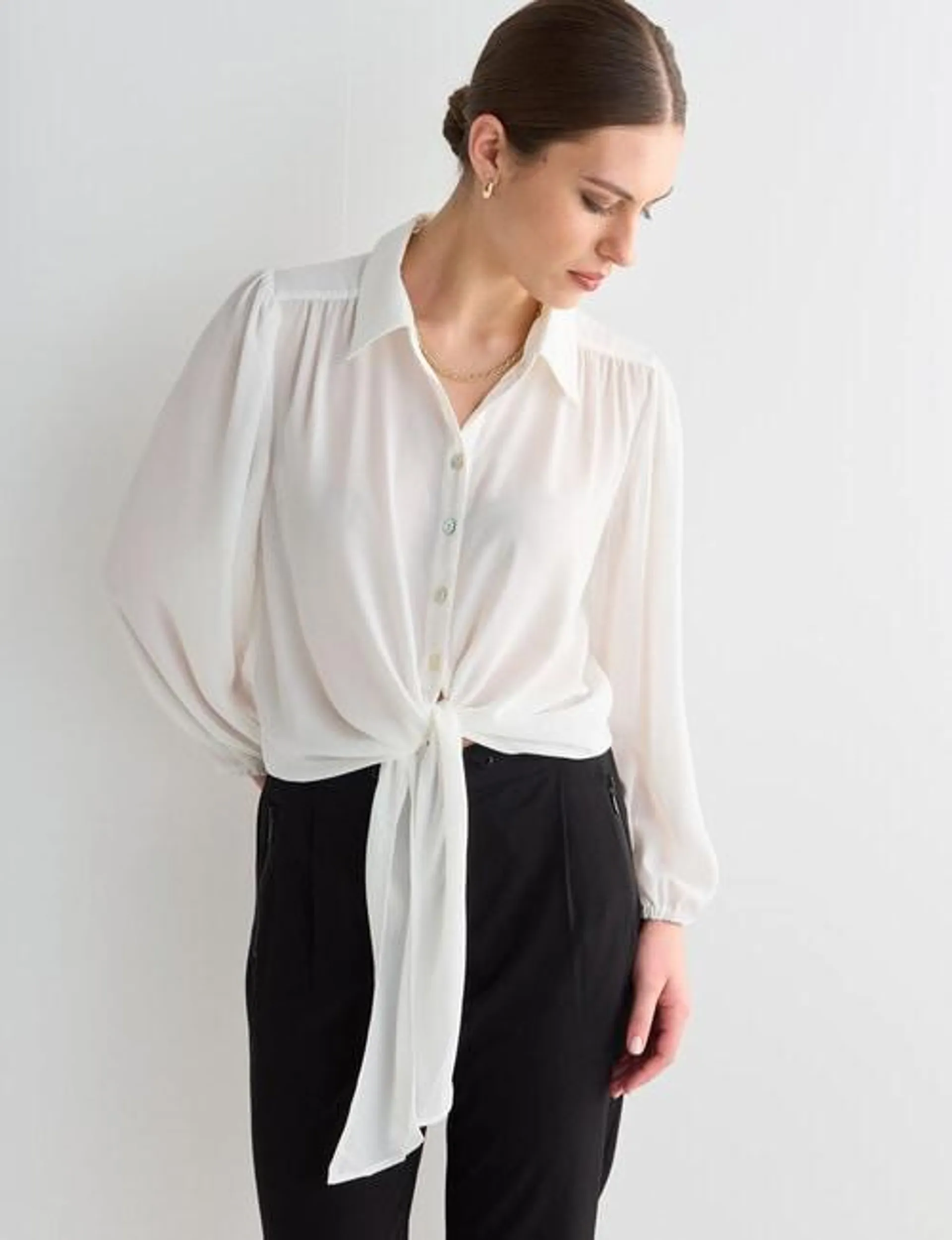 Whistle Tie Front 3/4 Sleeve Blouse, Ivory