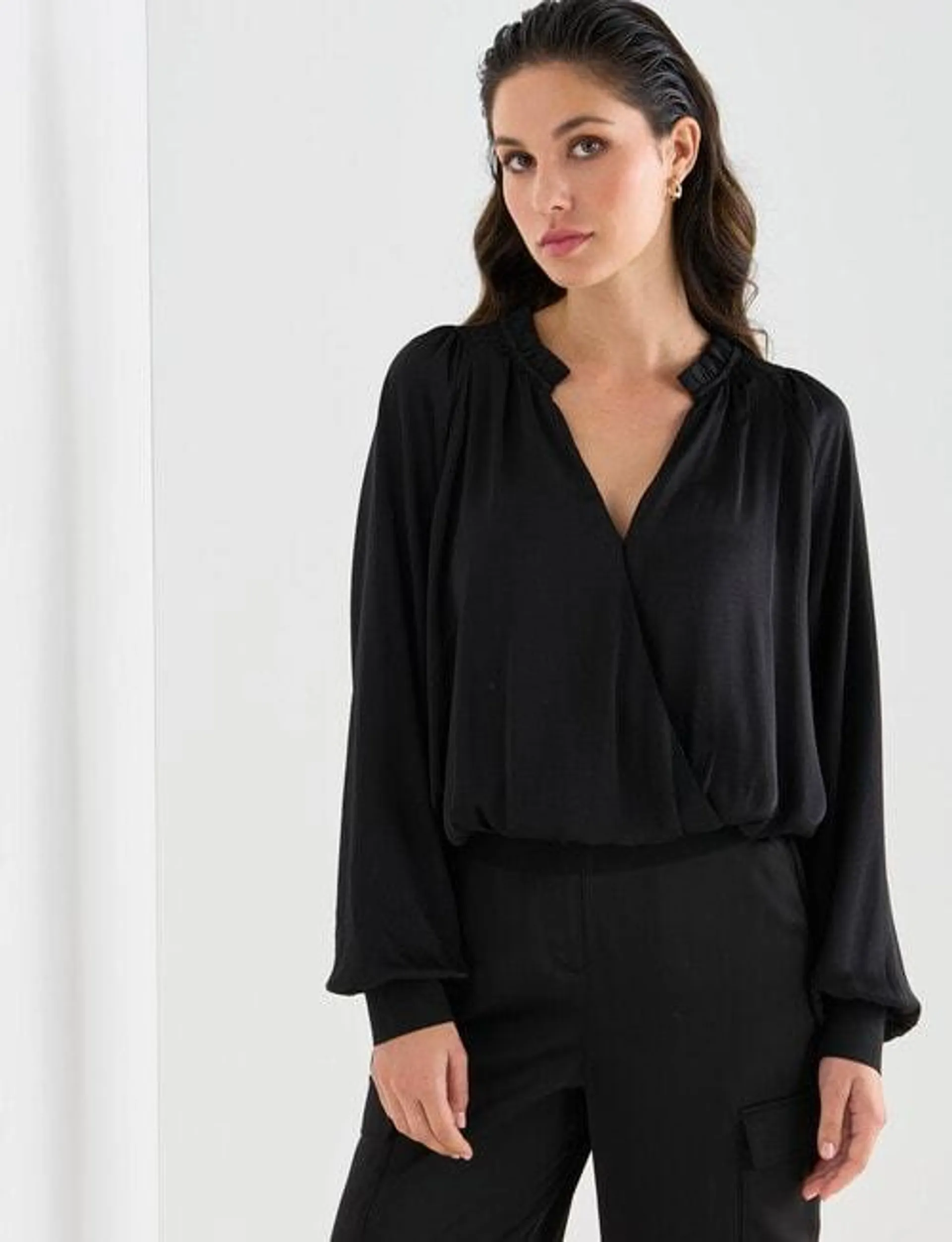 Whistle Long Sleeve Satin Wrap Top, Black