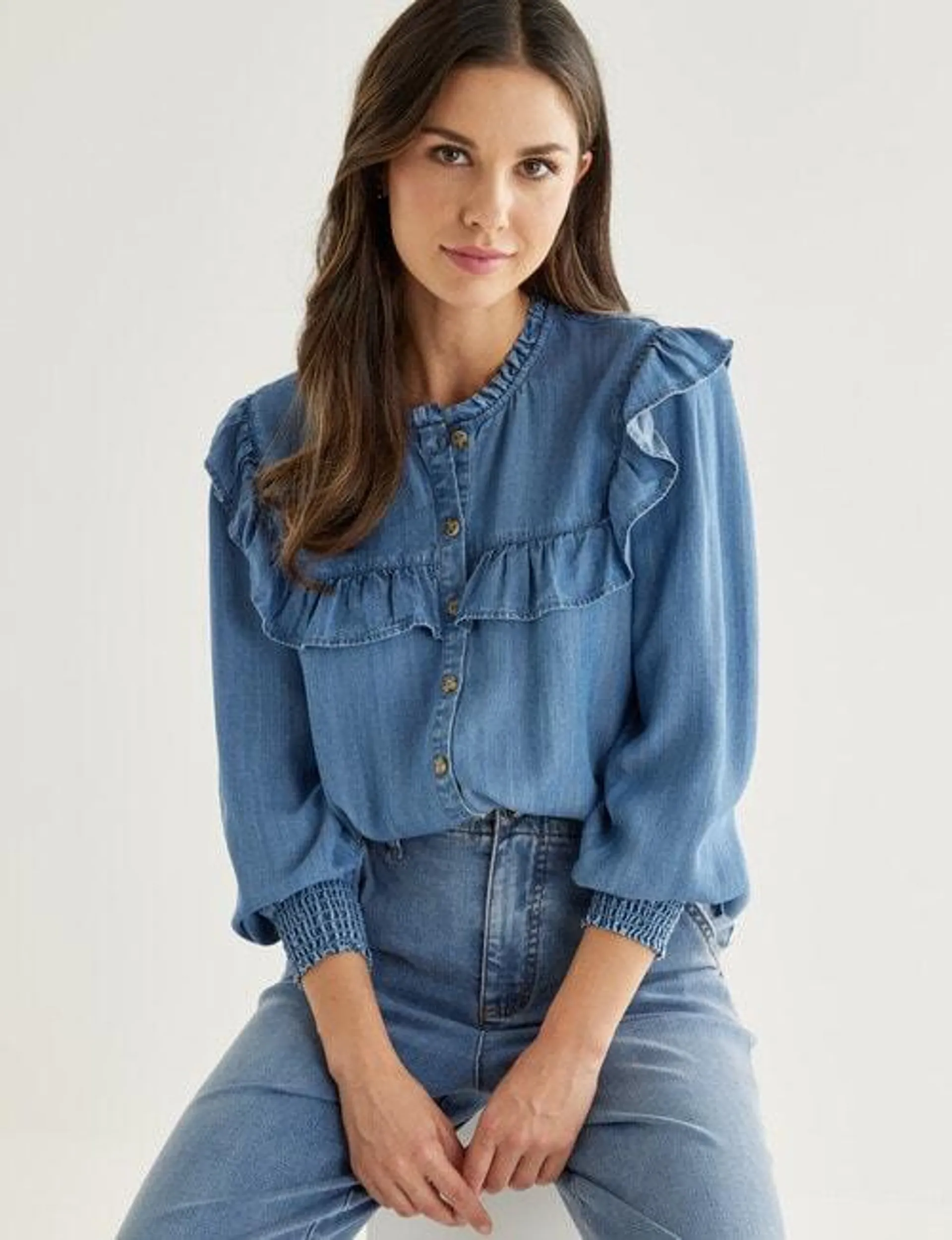 Whistle Ruffle Blouse Long Sleeve, Denim