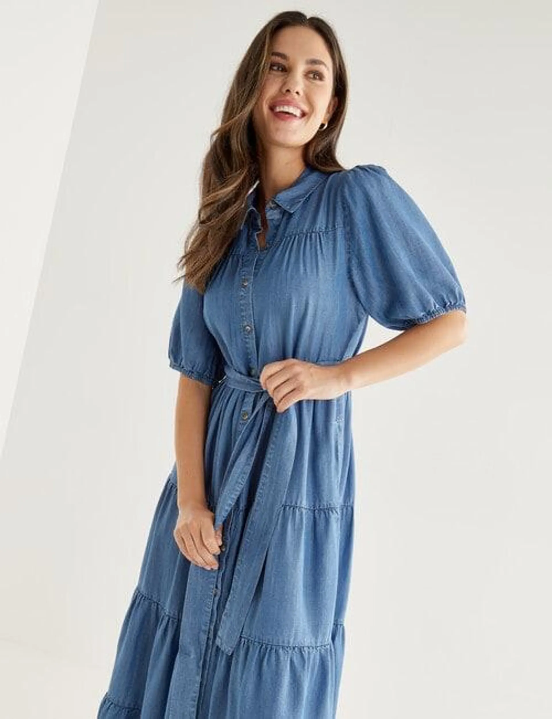 Whistle Tiered Lyocell Dress Short Sleeve, Denim Wash