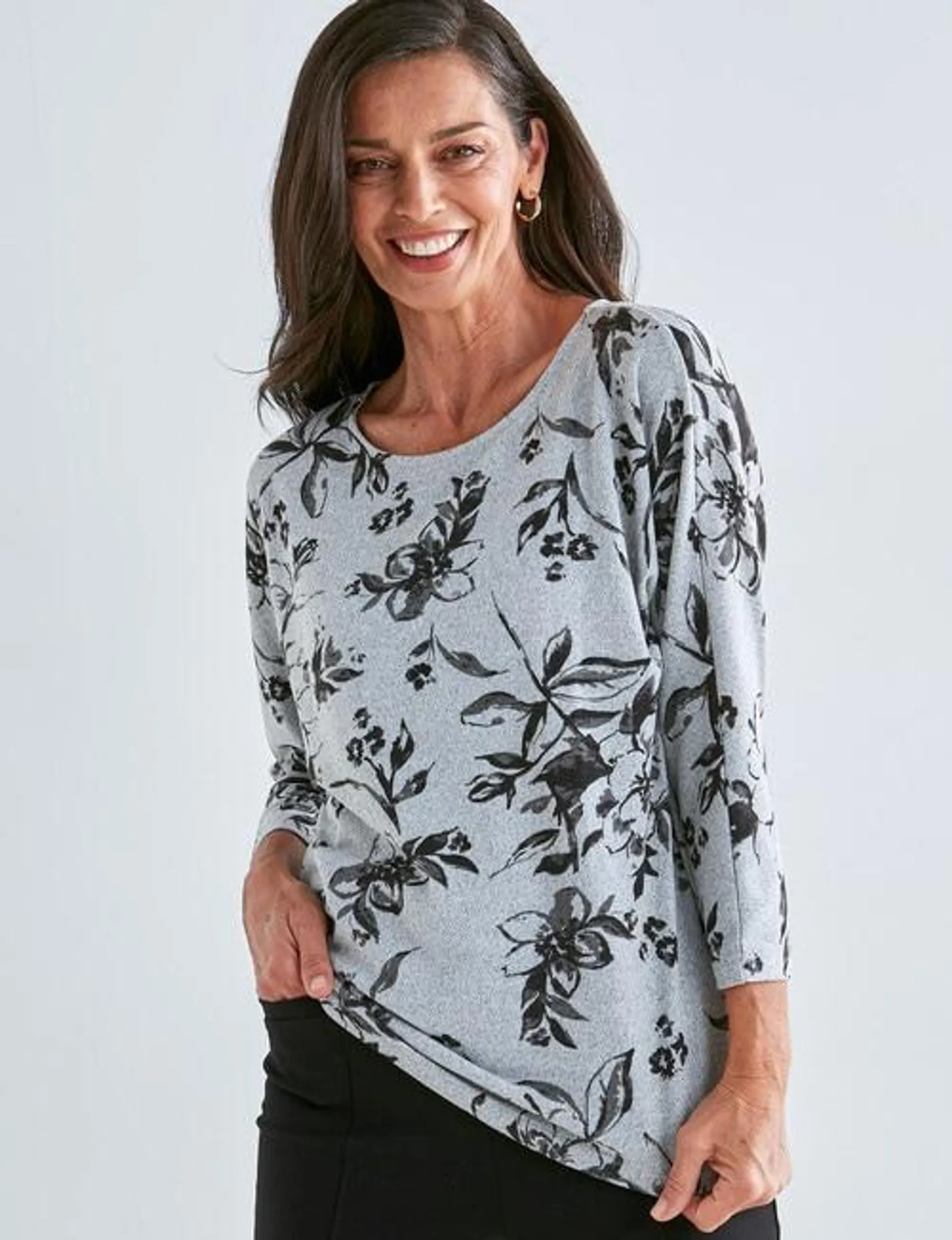 Ella J Floral 3/4 Soft Touch Batwing Top, Grey