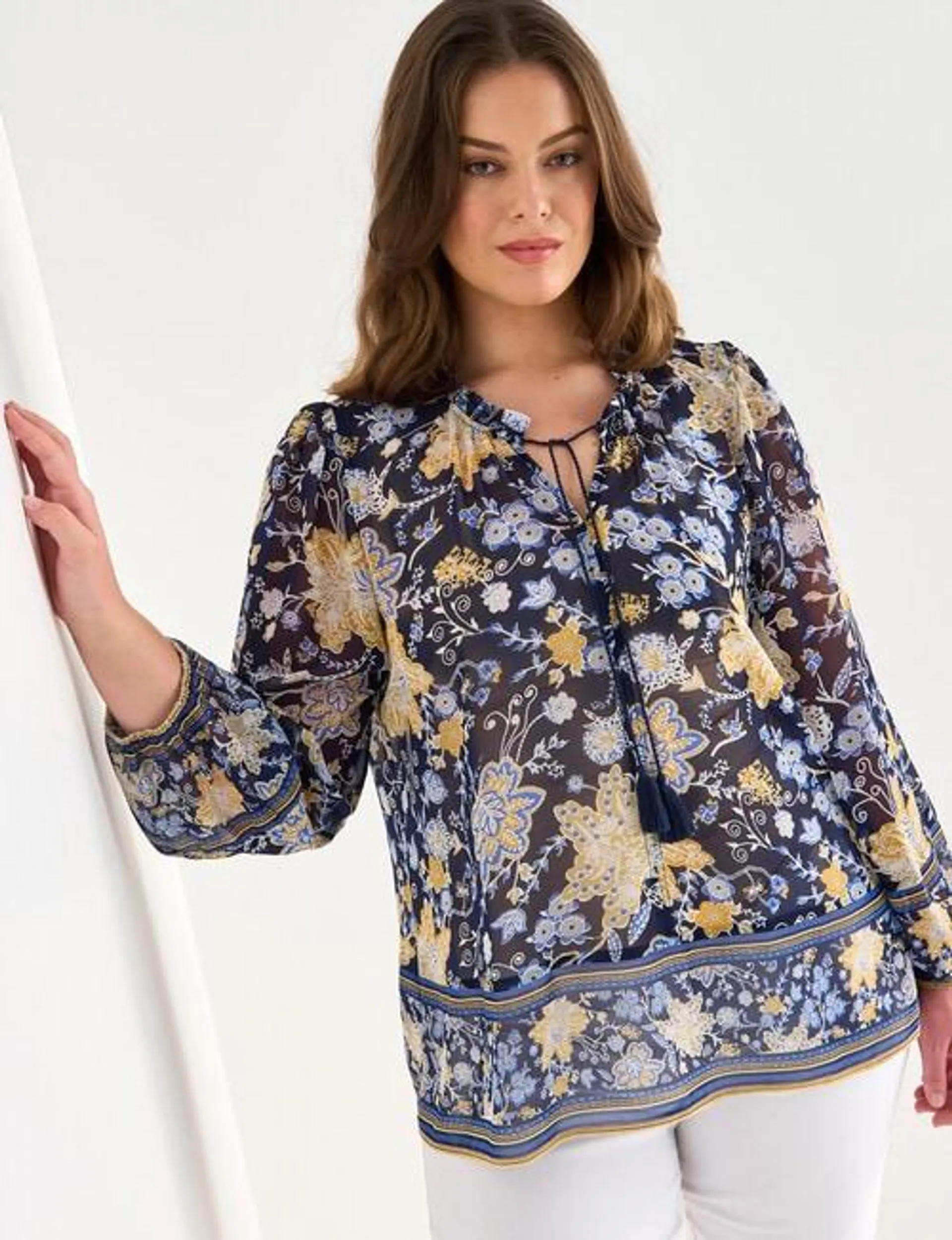 Studio Curve Paisley Peasant Blouse, Navy & Mustard