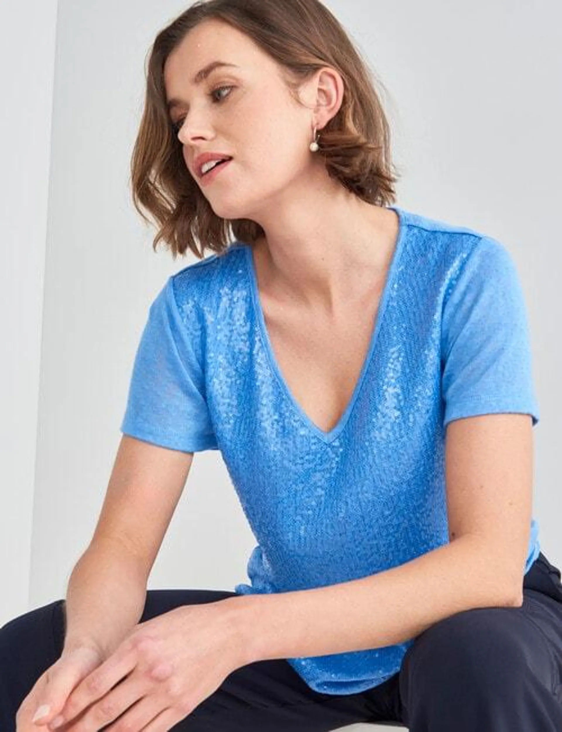 Jigsaw Sequin Front Tee, Lapis Blue