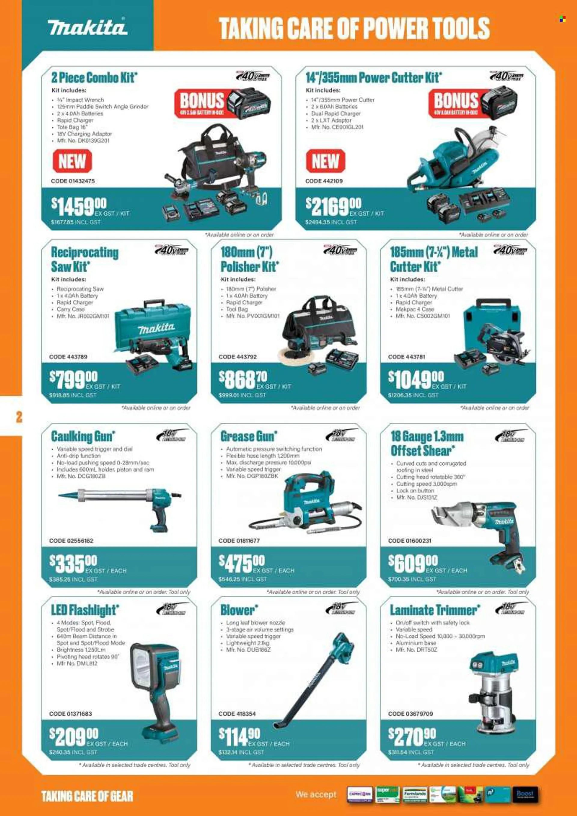 NZ Safety Blackwoods mailer - 01.08.2022 - 30.09.2022 - Sales products - Dial, bag, power tools, grinder, saw, angle grinder, reciprocating saw, leaf blower, trimmer, Holder, tote, combo kit, blower, cutter. Page 2.