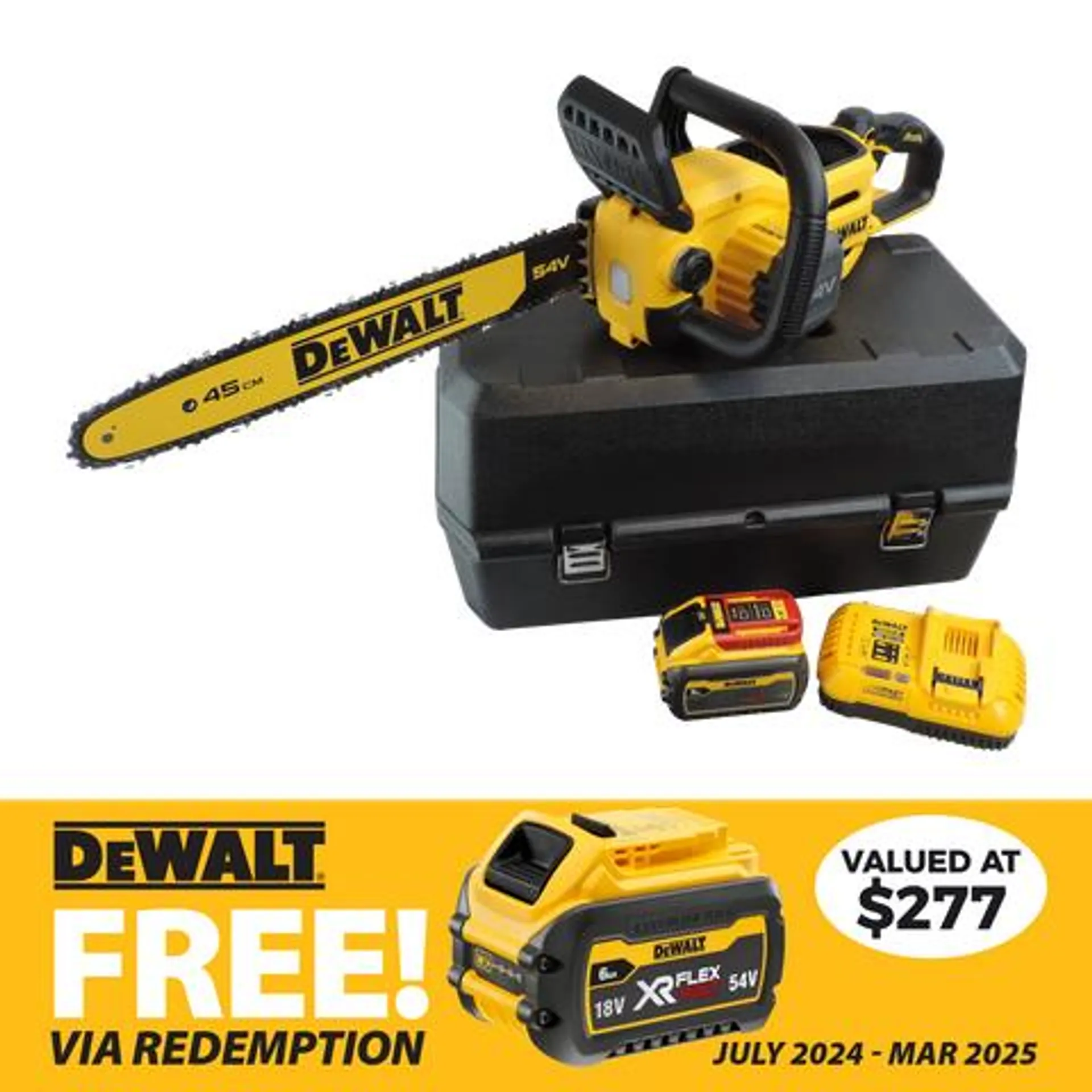 DeWalt Cordless Chainsaw Brushless 45cm/18in 54V 9Ah with Case