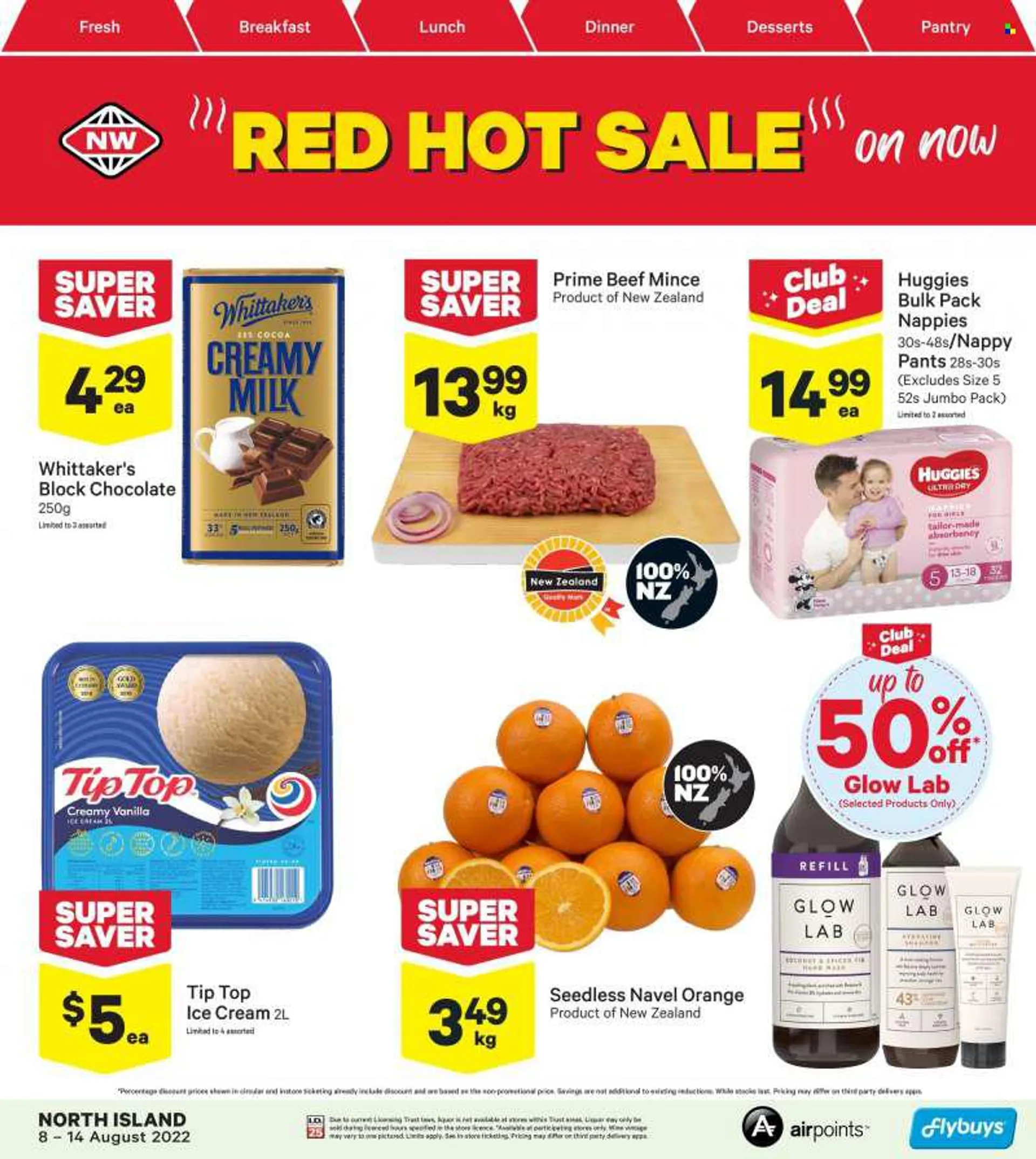 New World mailer - 08.08.2022 - 14.08.2022 - Sales products - Tip Top, orange, navel oranges, ice cream, Whittakers, wine, beef meat, ground beef, Huggies, pants, nappies. Page 1.