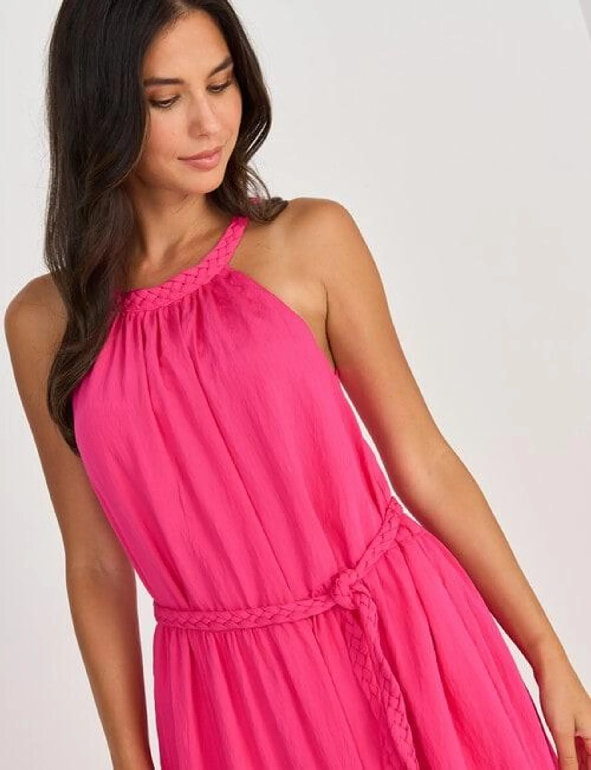 Whistle Tiered Maxi Halter Dress, Hot Pink