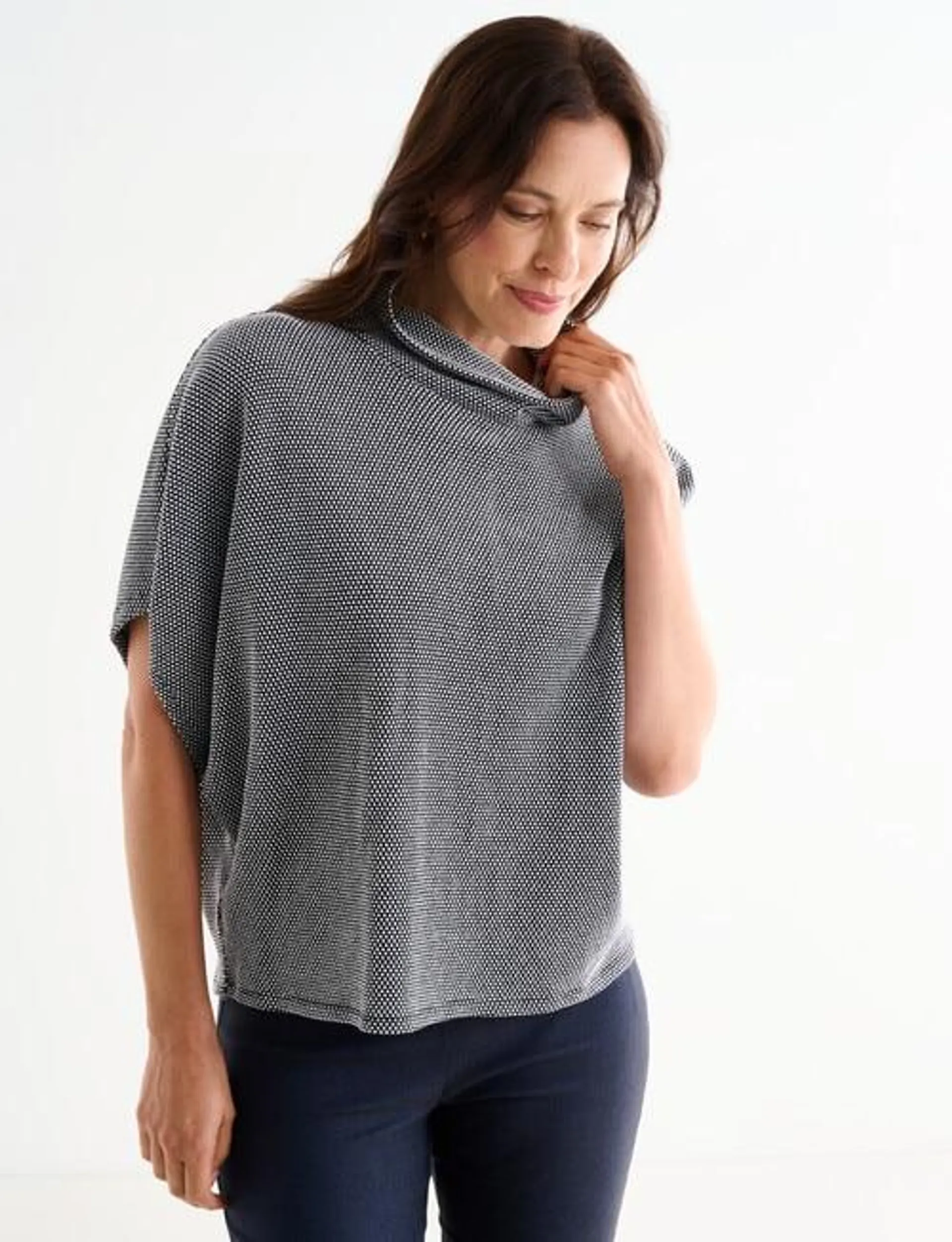 Ella J Textured Cowlneck Top, Navy & White