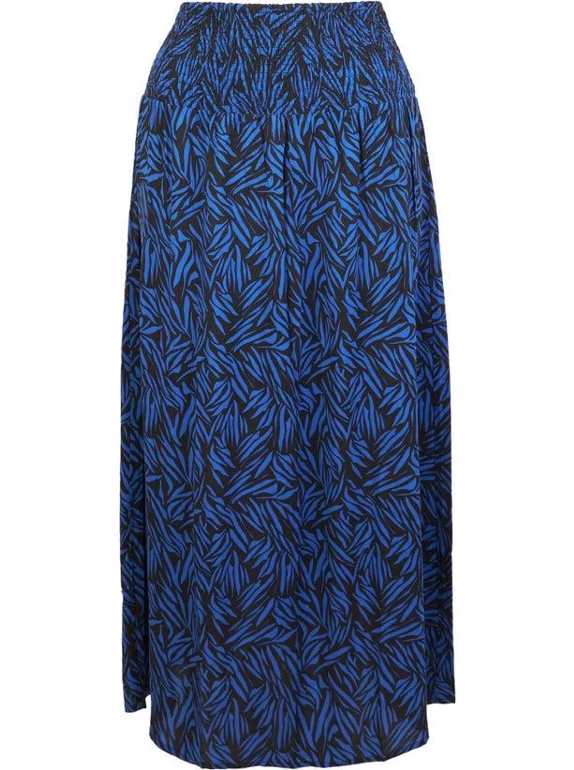 Women's Shirred Waist Skirt in Blue / Black Leaf