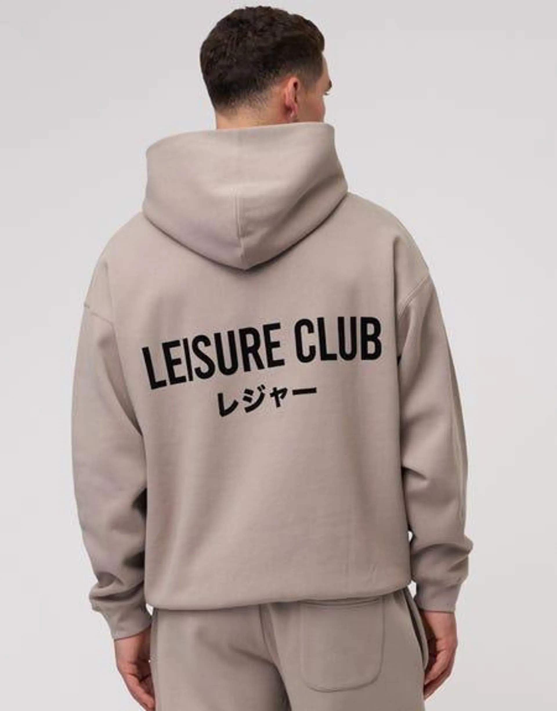 Leisure Club Print Oversized Hoodie in Dark Ecru