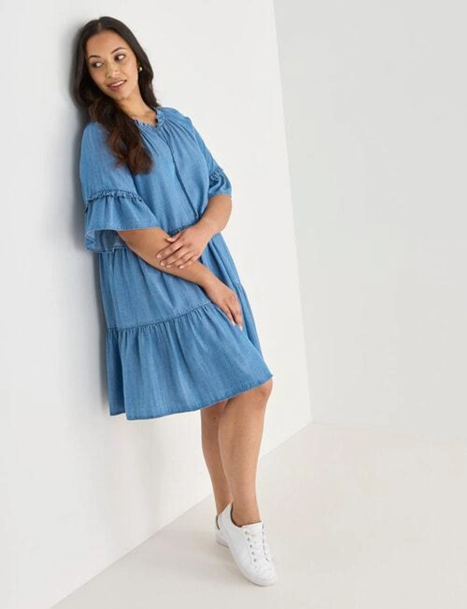 Whistle Ruffle Sleeve Knee Length Dress, Chambray