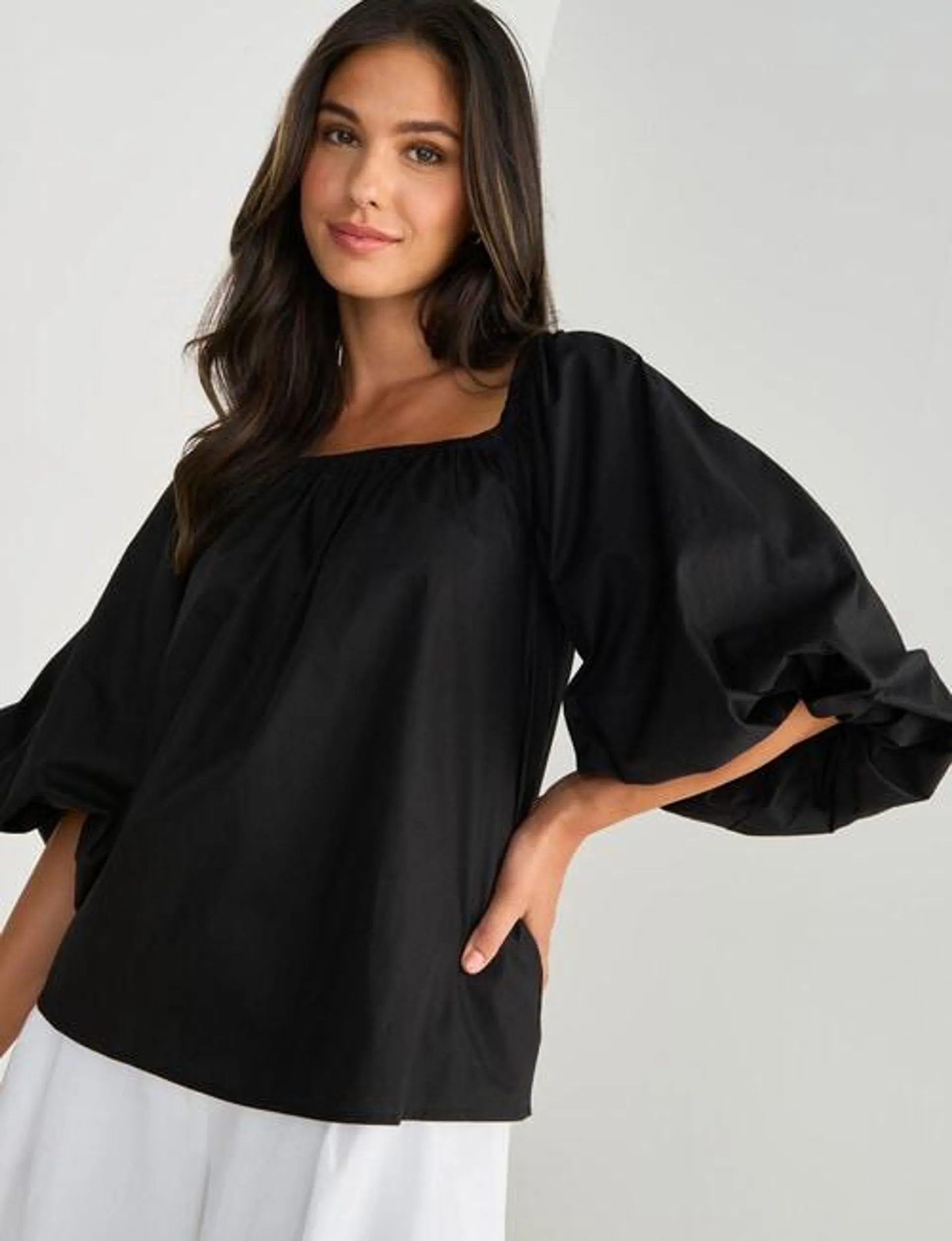 Whistle 3/4 Puff Sleeve Top, Black