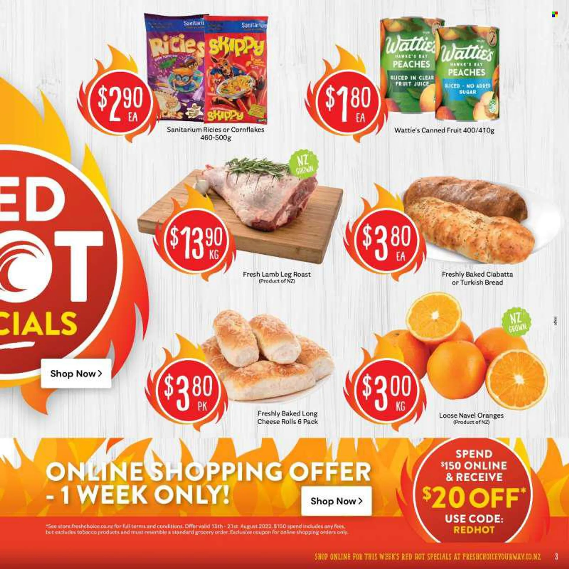 Fresh Choice mailer - 15.08.2022 - 21.08.2022 - Sales products - bread, ciabatta, orange, apples, navel oranges, Watties, cheese, cheese rolls, canned fruit, corn flakes, lamb meat, lamb leg. Page 3.