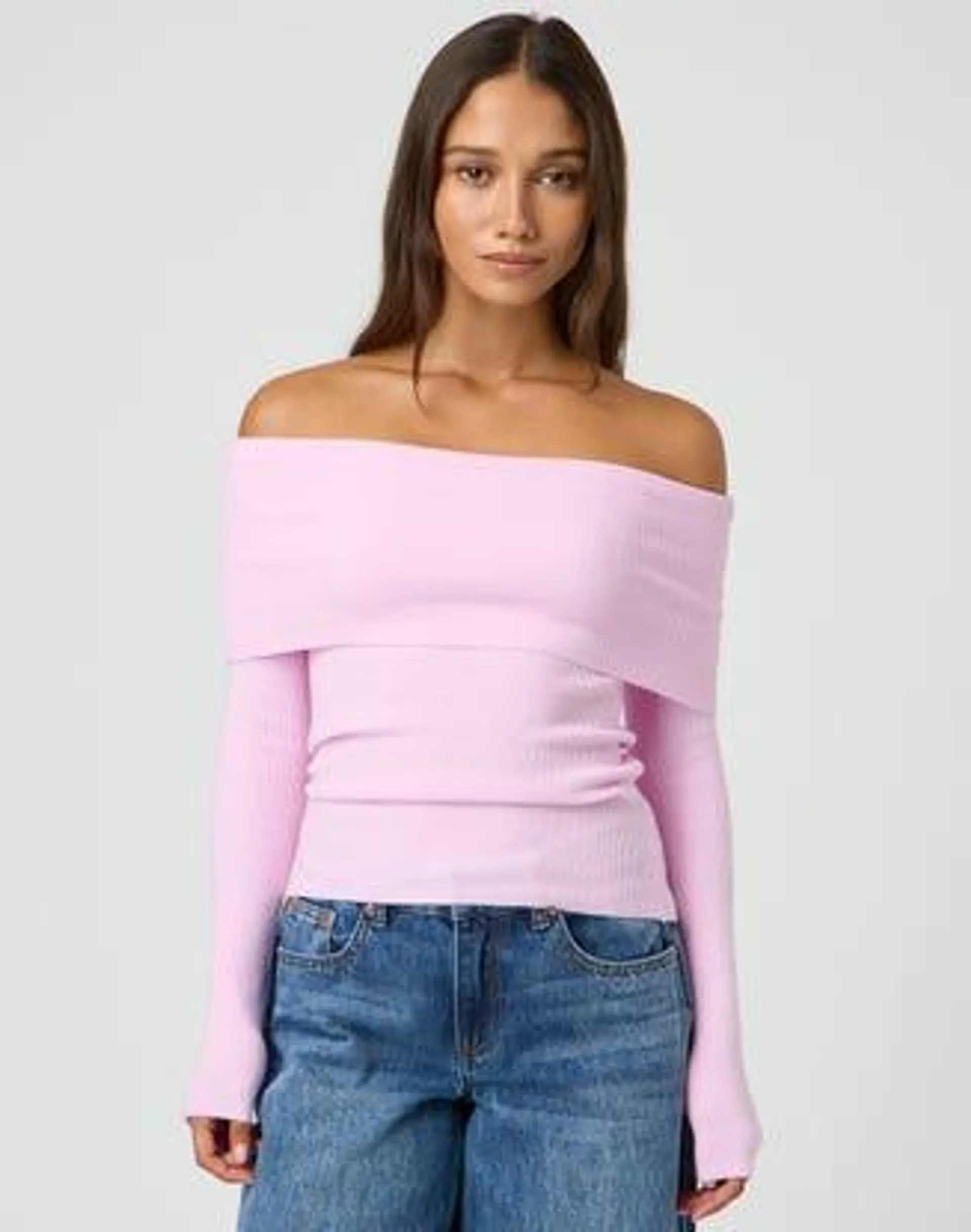 Foldover Off Shoulder Long Sleeve Knit