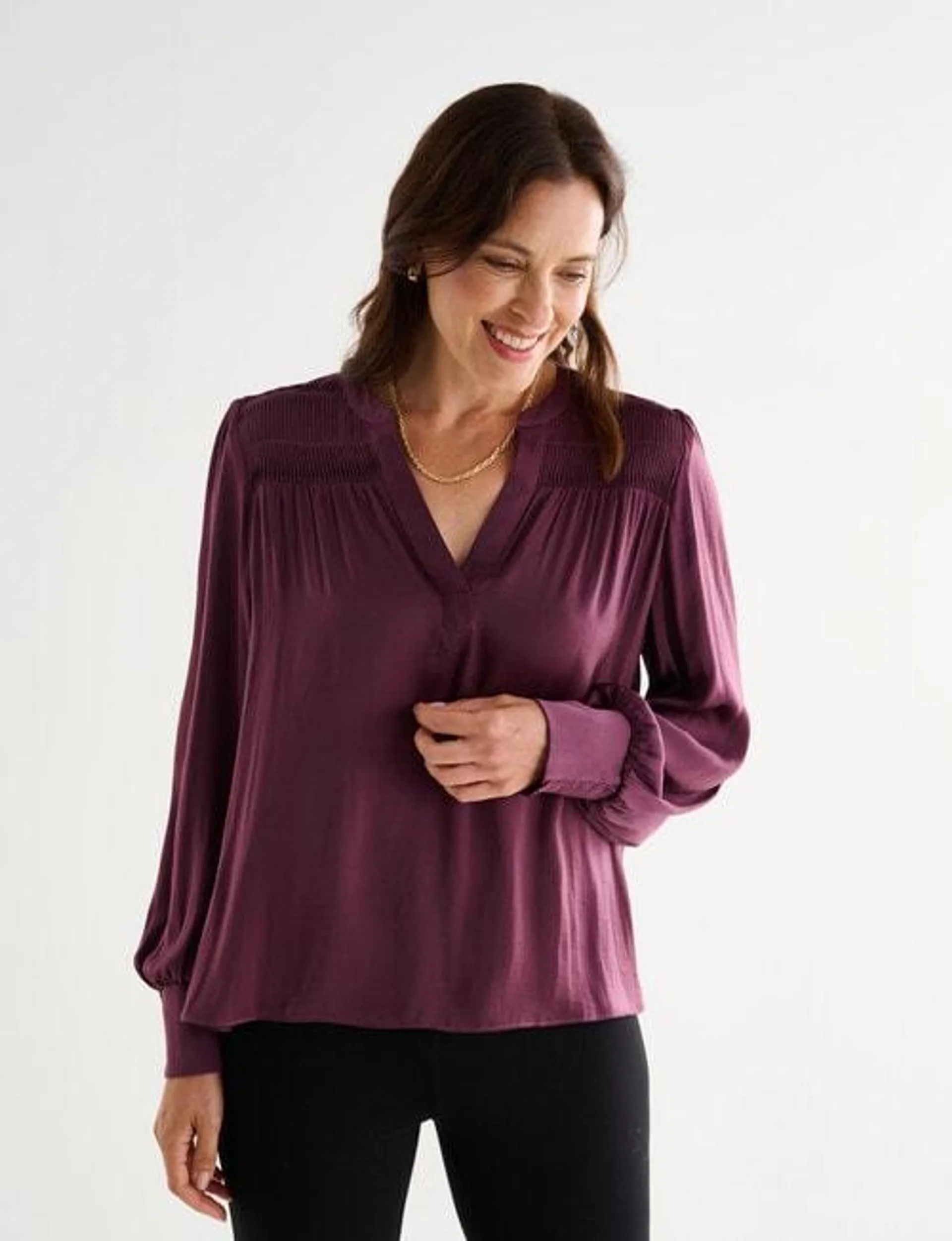 Ella J Satin Pintuck Top, Berry