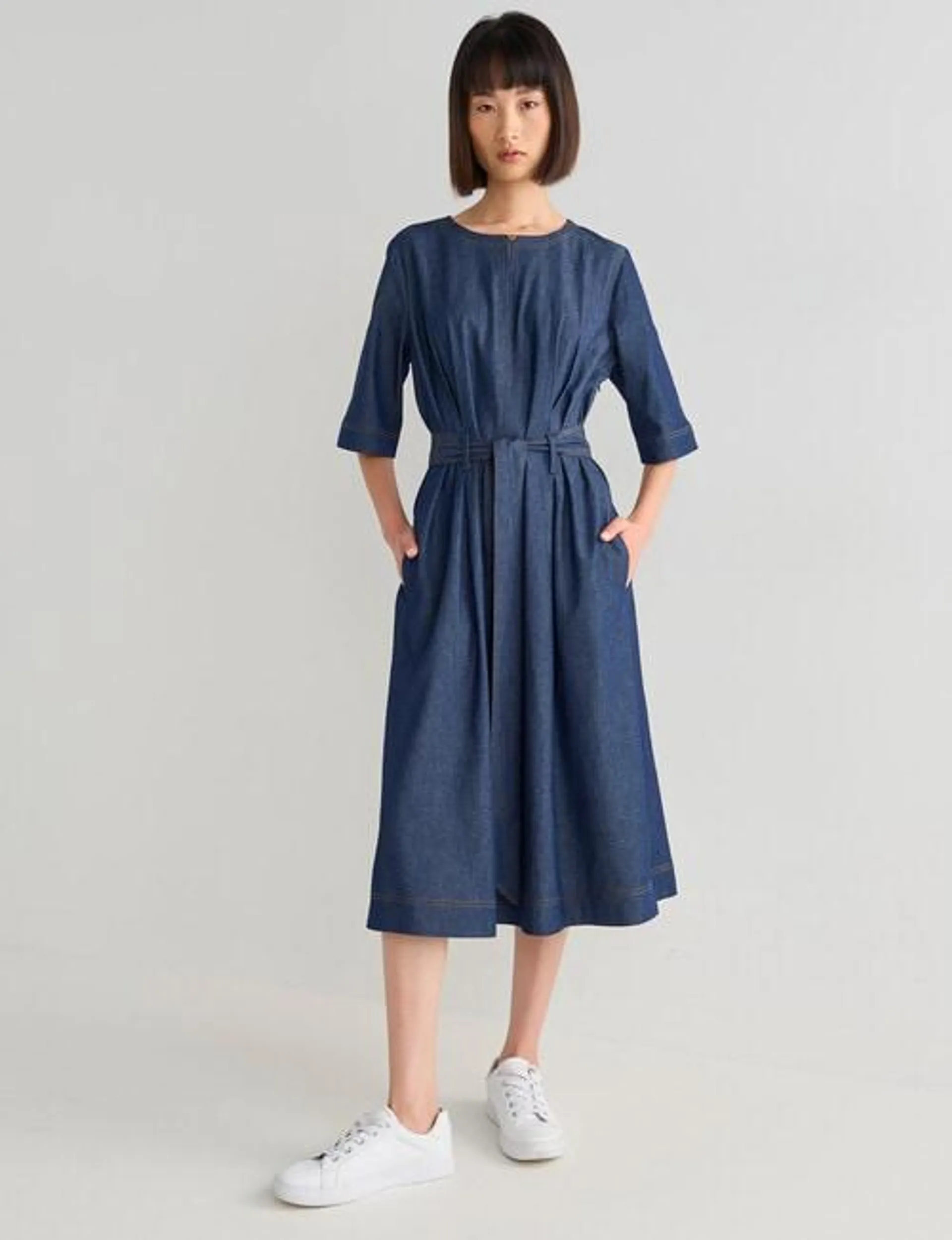 Jigsaw Bettina Chambray Short Sleeve Midi Dress, Indigo Wash