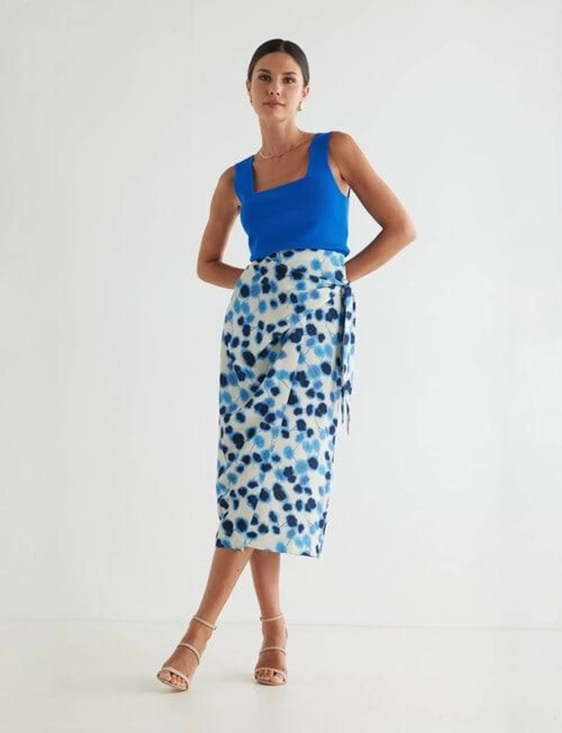 Whistle Printed Tie Side Wrap Skirt, Azure