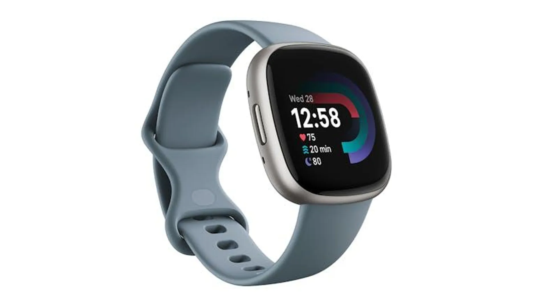 Fitbit Versa 4 Smartwatch - Platinum Aluminium Case with Waterfall Blue Band (GPS, Bluetooth)