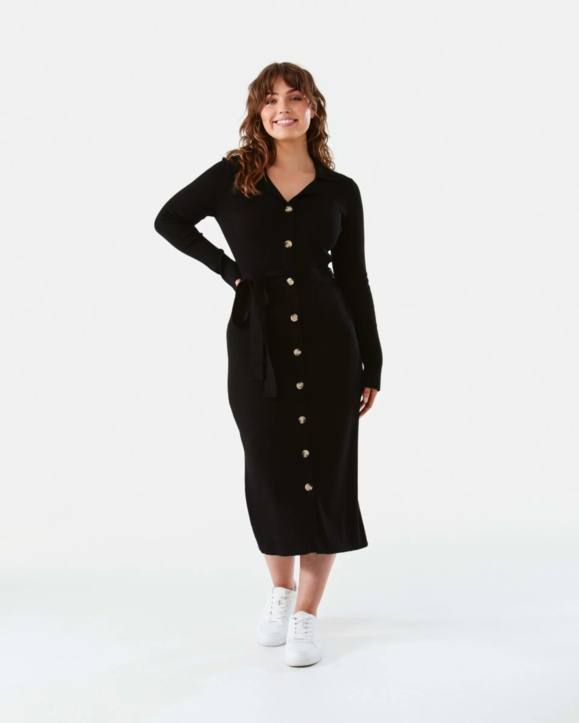 Long Sleeve True Knit Button Up Midi Dress