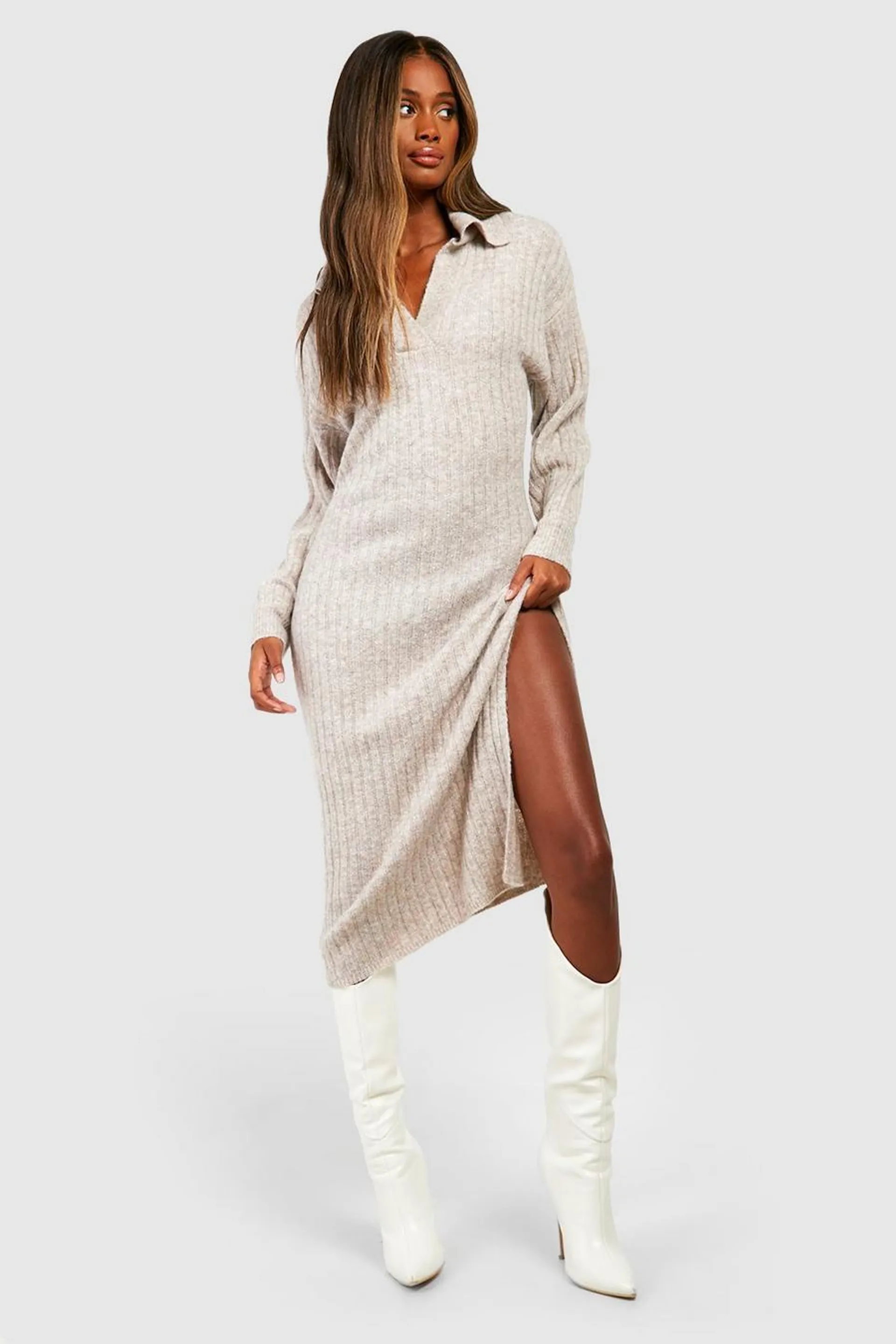 Wide Rib Knit Collared Soft Jumper Dress