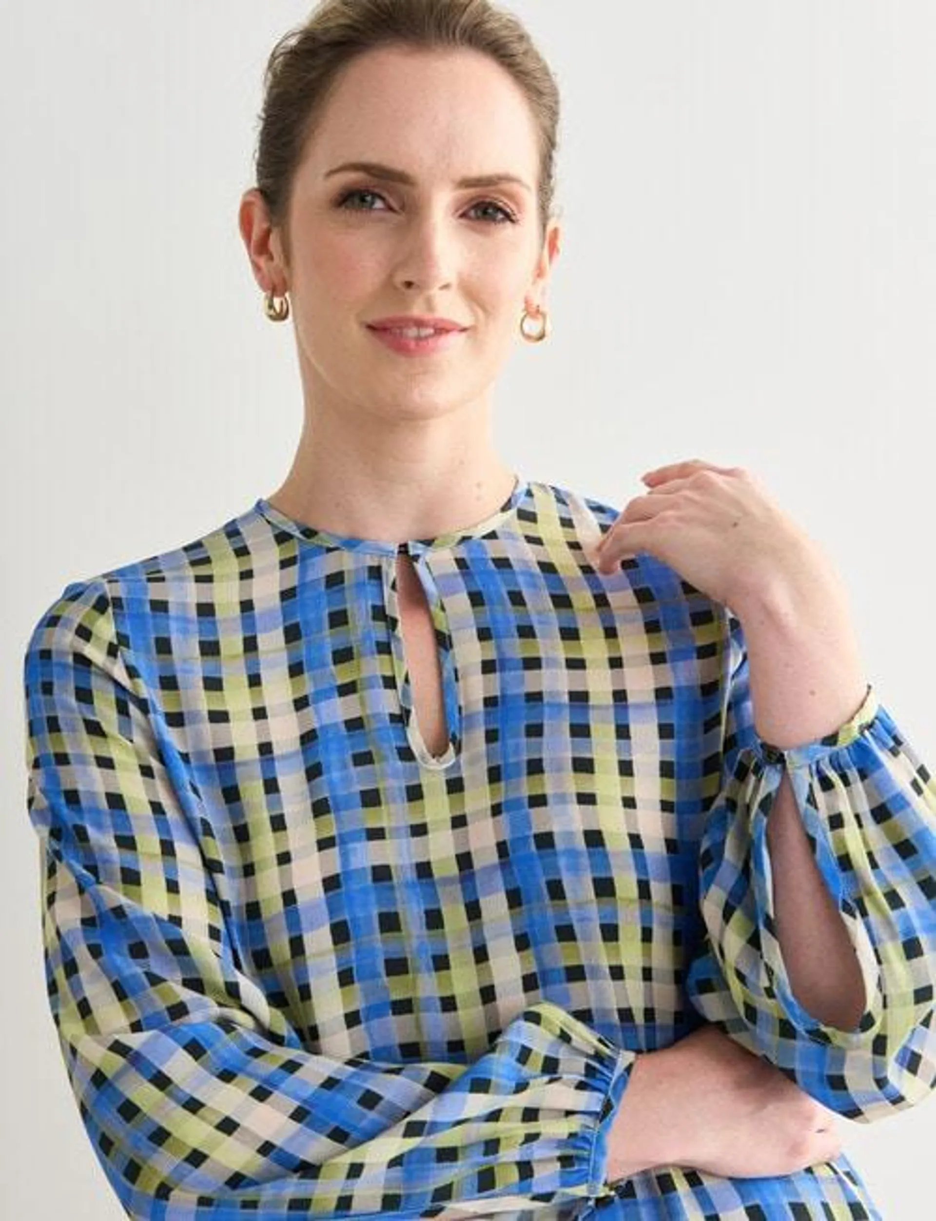 Jigsaw Check Keyhole Neck Blouse, Blue