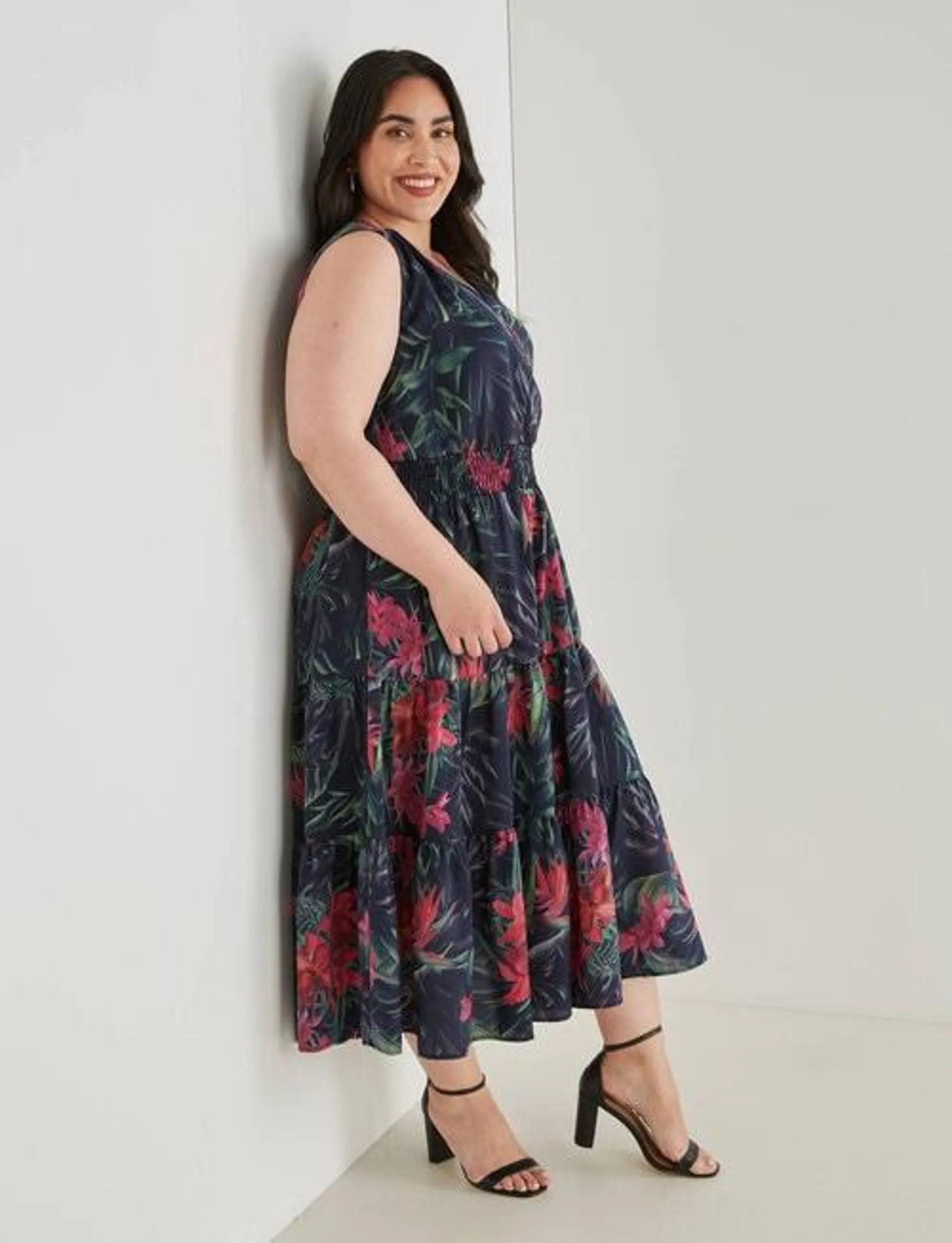 Studio Curve Occasion Floral Maxi Tiered Dress, Ink