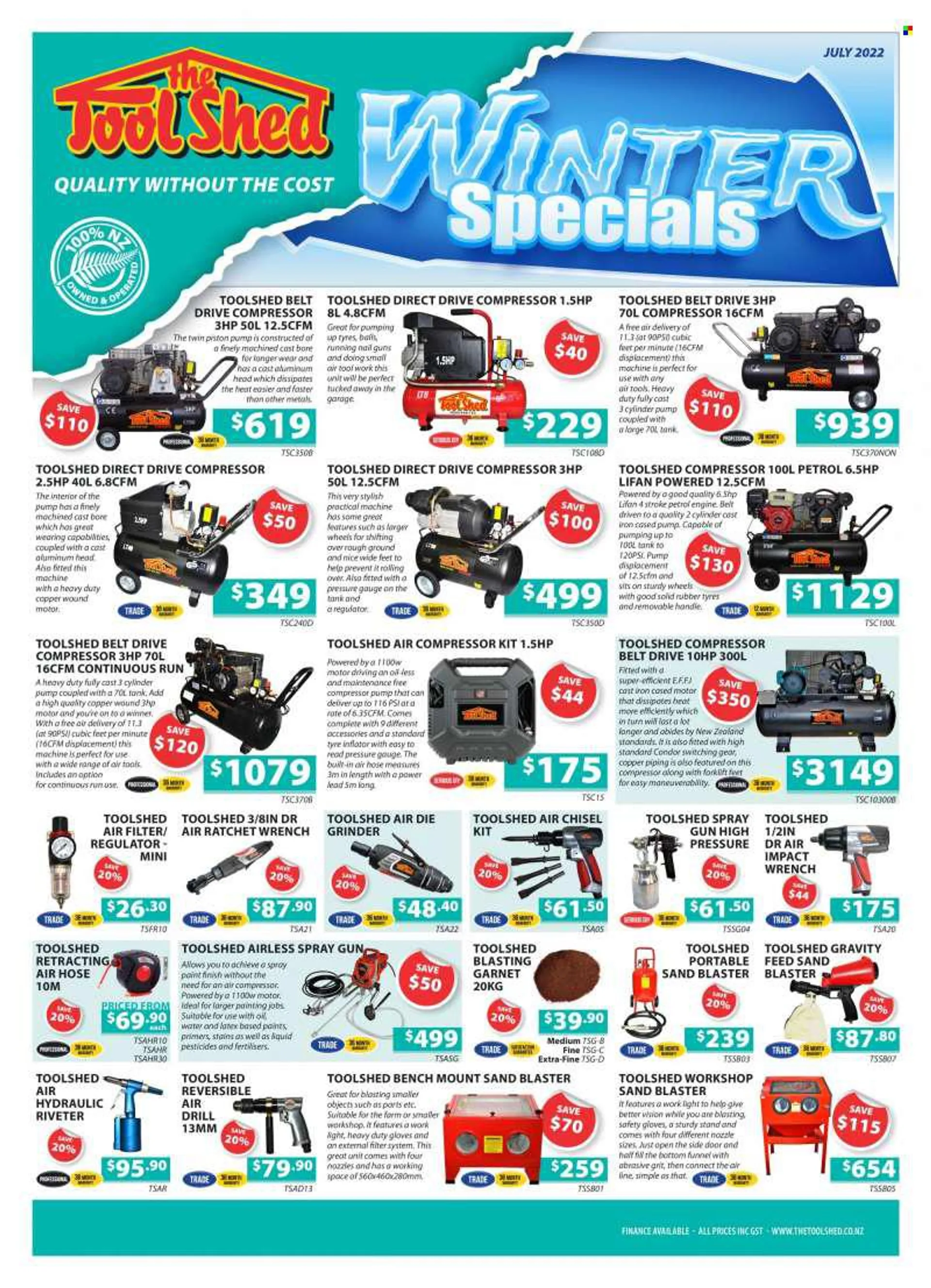 The Tool Shed mailer - 01.07.2022 - 31.07.2022 - Sales products - work light, tank, grinder, air compressor, sand blaster, air hose. Page 1.