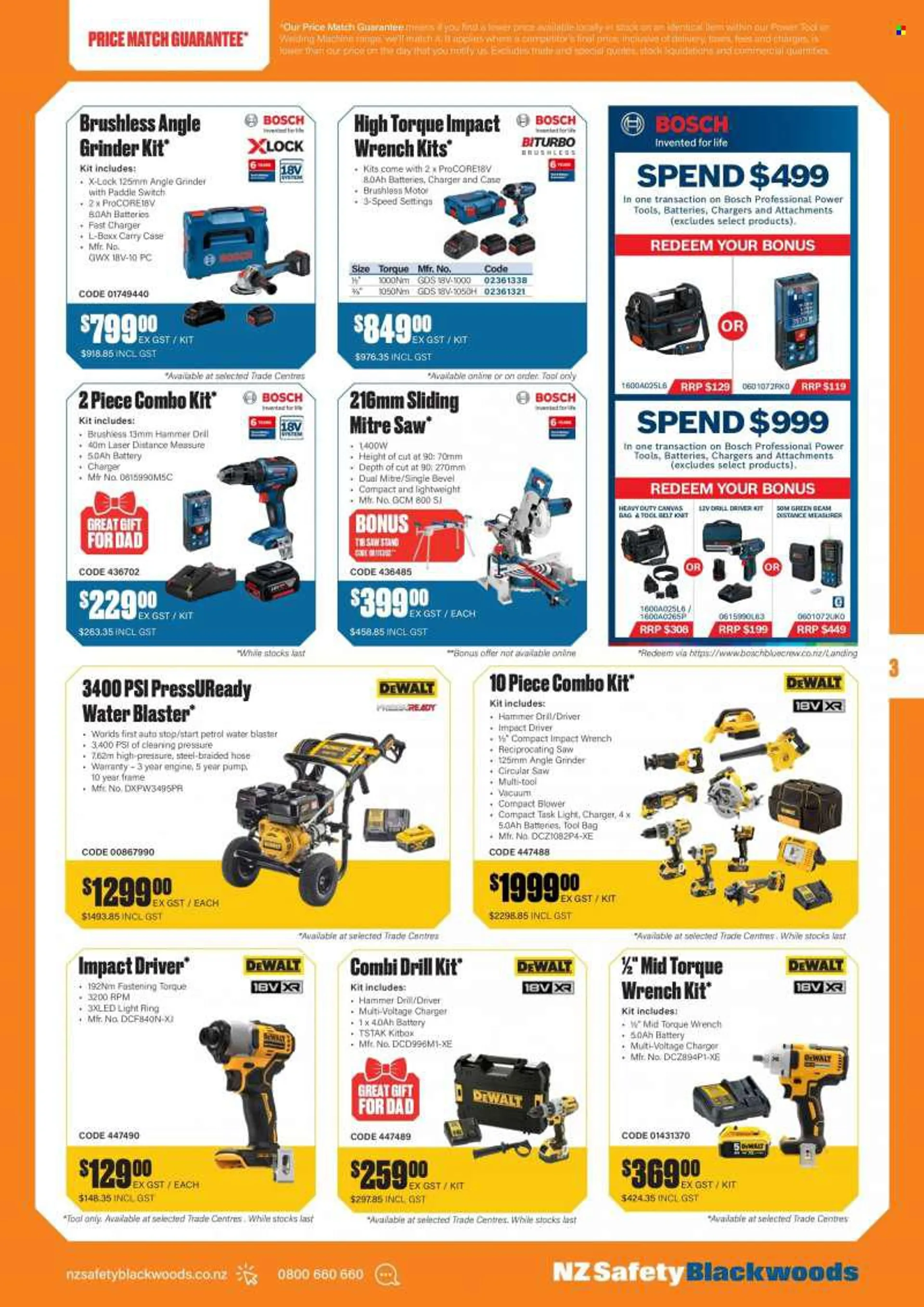 NZ Safety Blackwoods mailer - 01.08.2022 - 30.09.2022 - Sales products - drill, impact driver, power tools, drill driver kit, grinder, circular saw, saw, angle grinder, reciprocating saw, combo kit, blower, torque wrench, belt, tool belt, saw stand. Page 