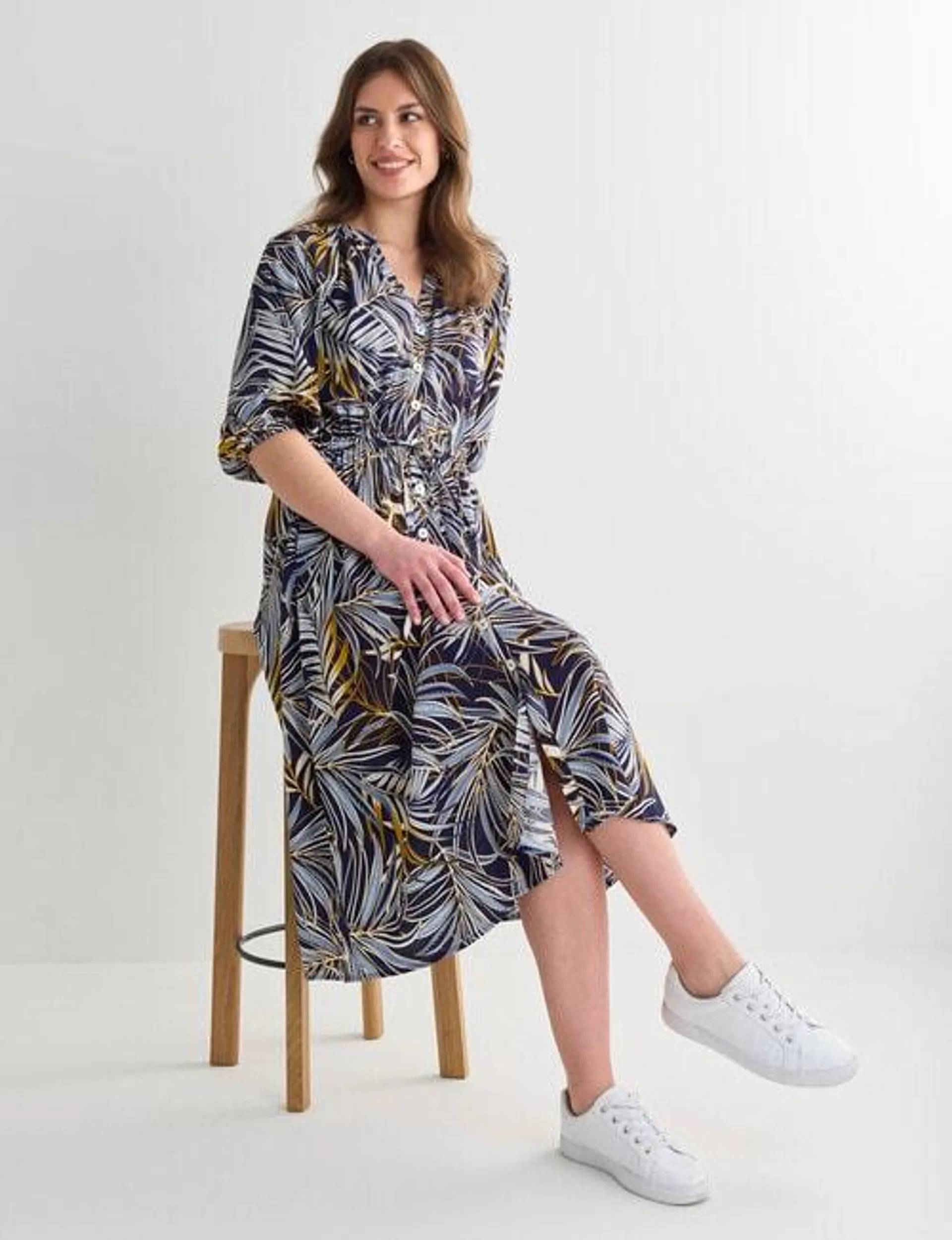 Whistle Leaf Print Tie Waist Shirt Dress, Navy