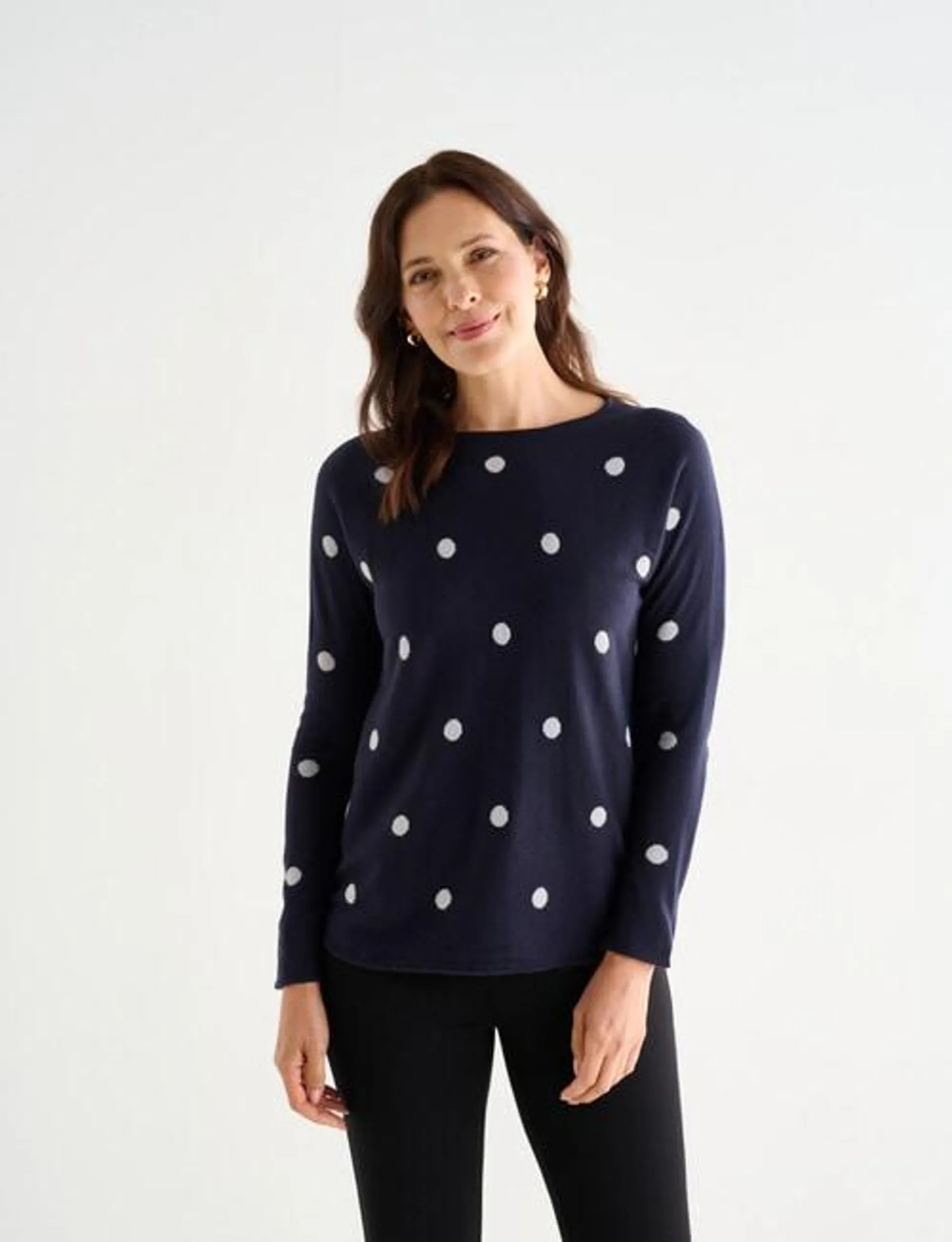 Ella J Curved Hem Jumper, Navy Spots