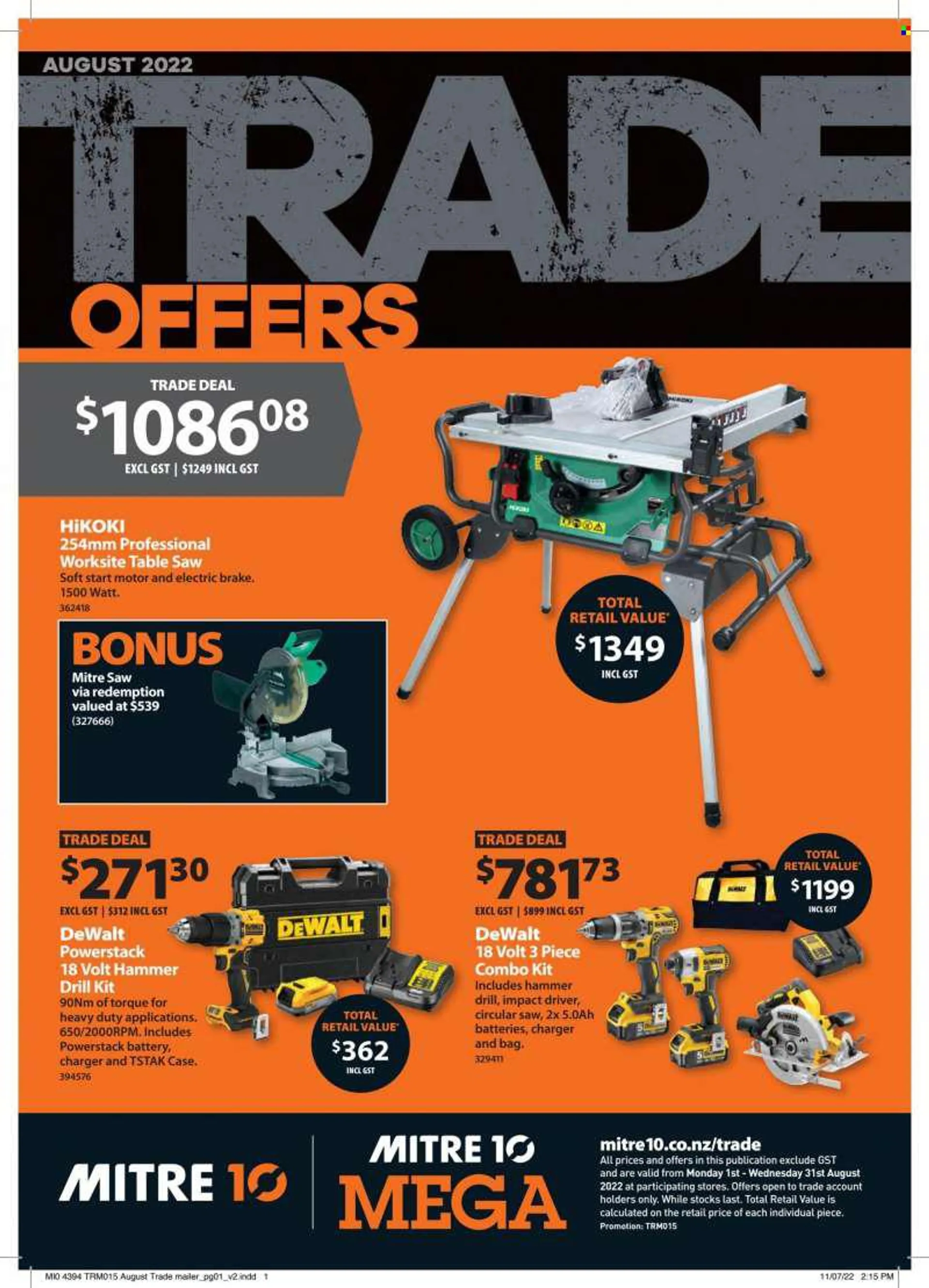 Mitre 10 mailer - 01.08.2022 - 31.08.2022 - Sales products - table, DeWALT, impact driver, circular saw, saw, table saw, combo kit. Page 1.