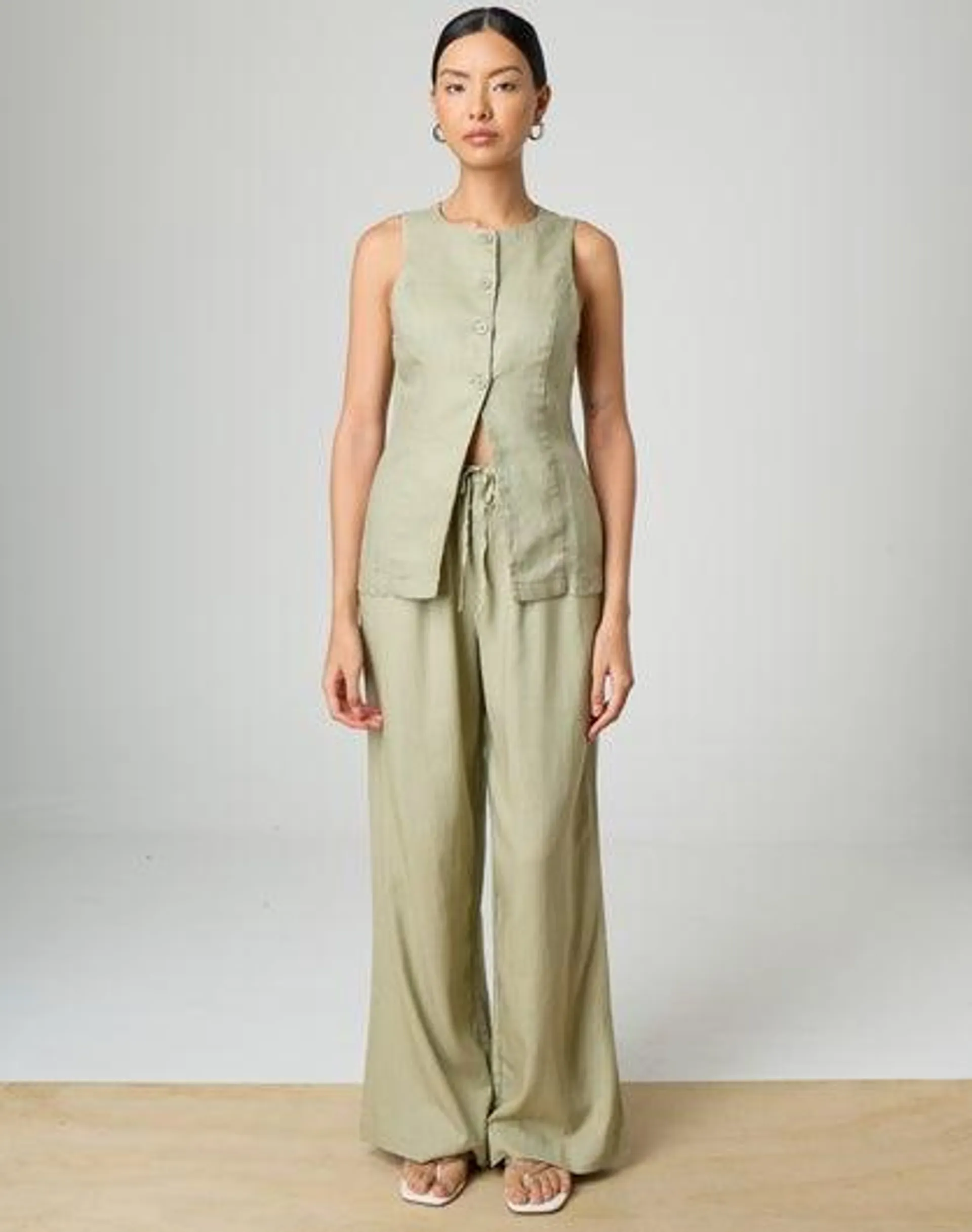 Tie Waist Linen Blend Pant